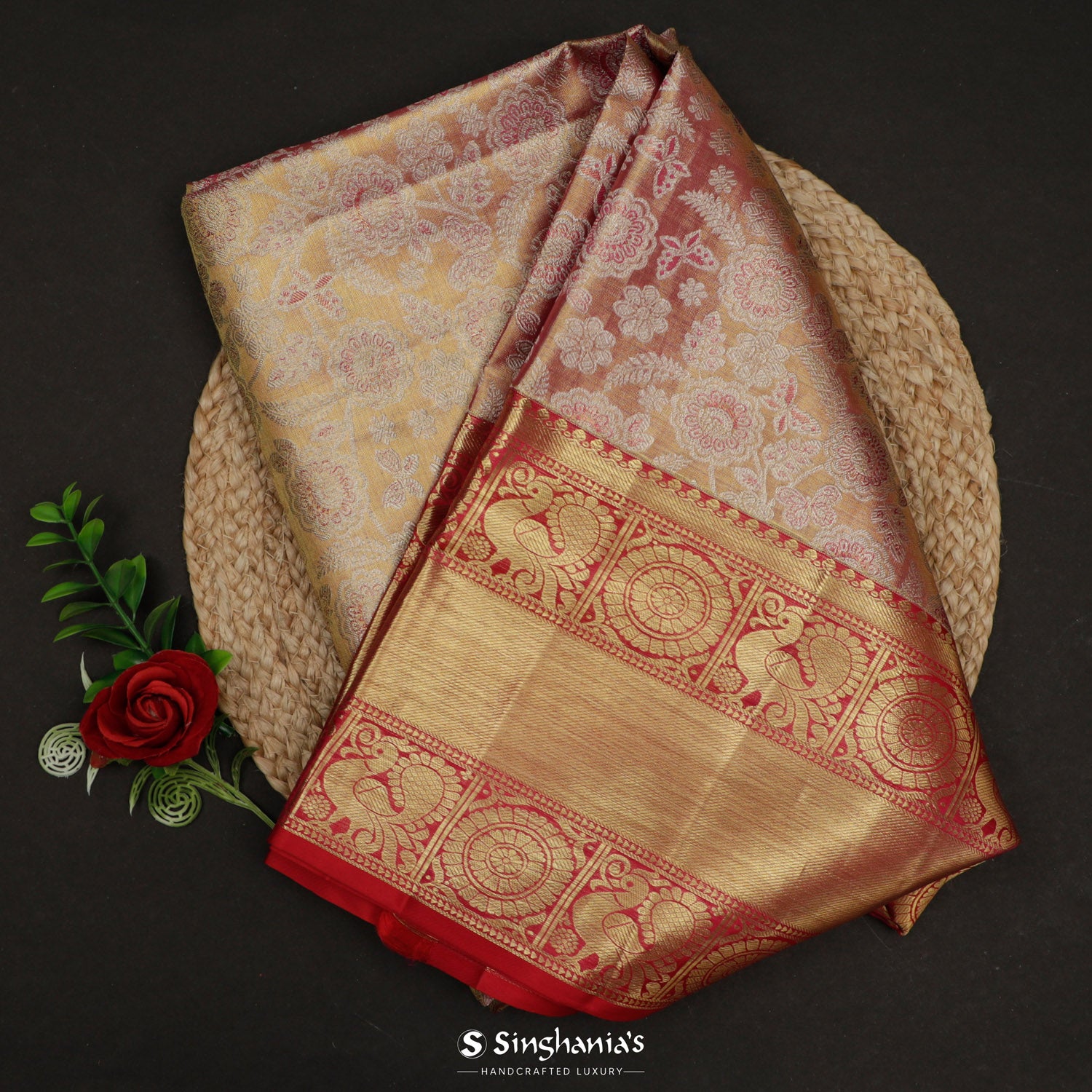 Reddish Gold Kanjivaram Silk Saree With Floral Jaal Pattern