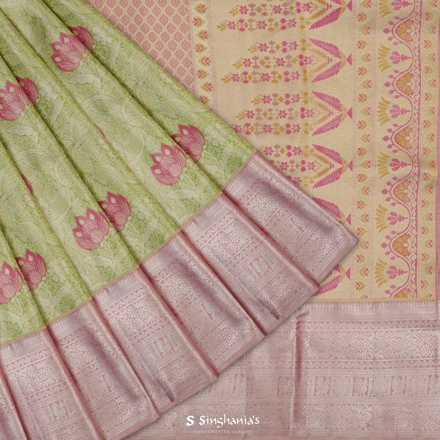Pastel Parrot Green Kanjivaram Silk Saree With Meenakari Floral Jaal Pattern