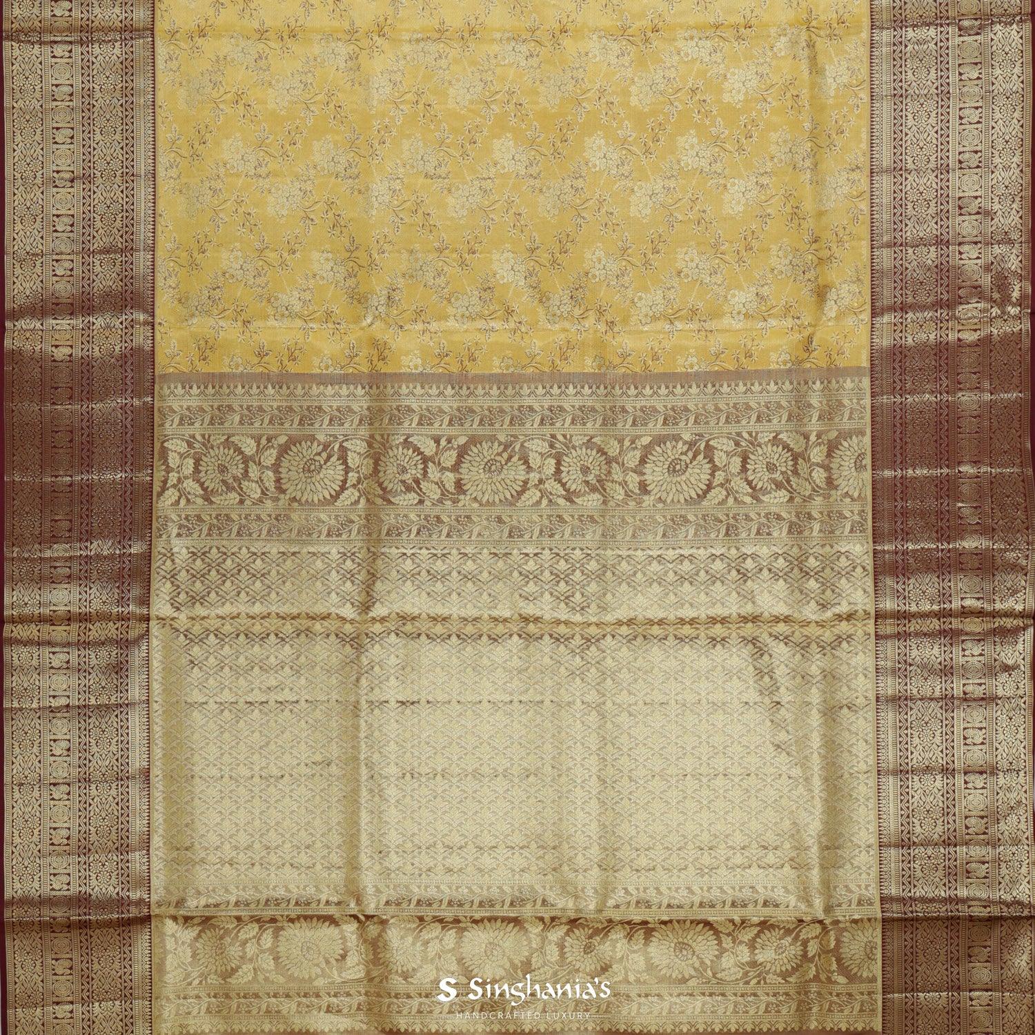 Spanish Yellow Kanjivaram Silk Saree With Floral Jaal Pattern