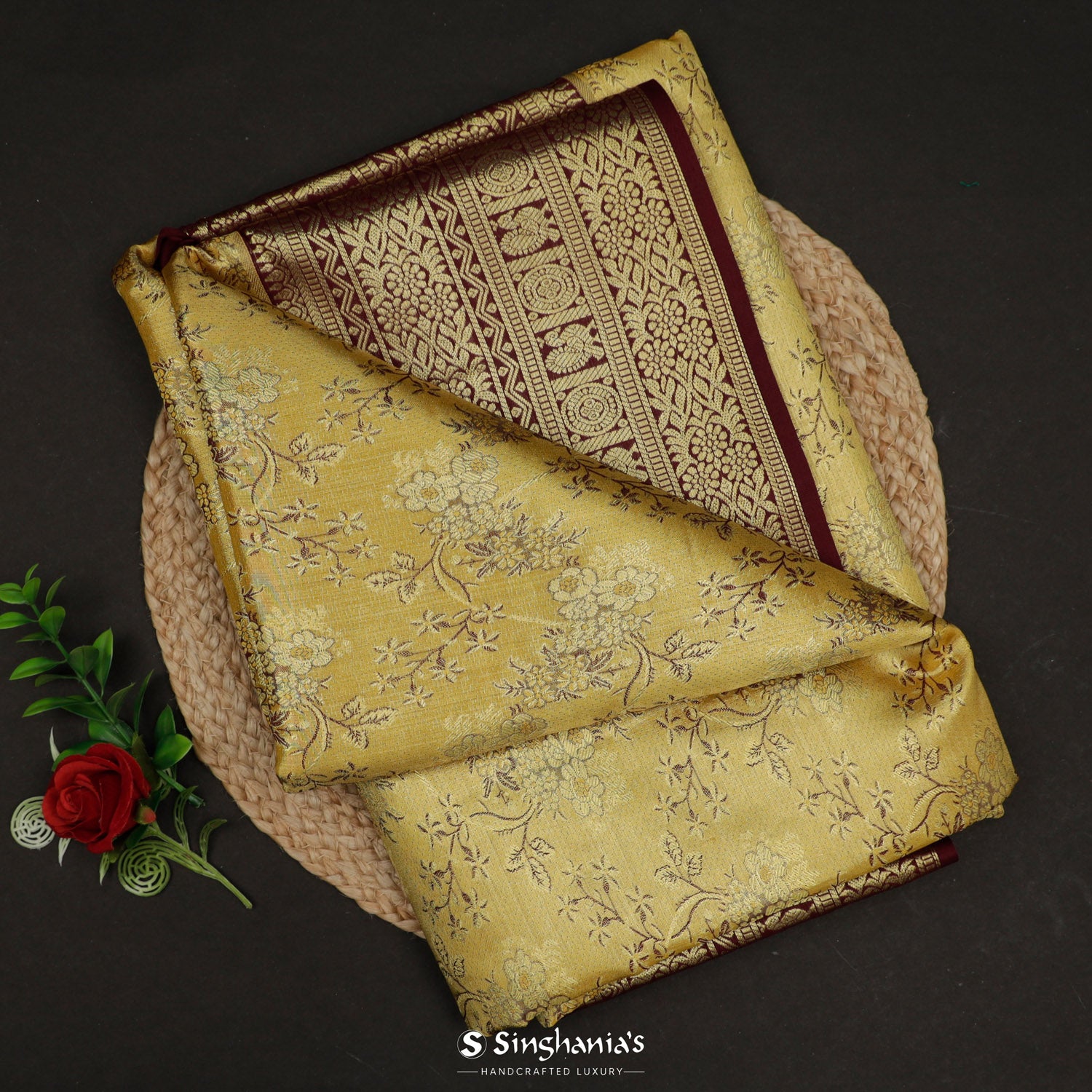 Spanish Yellow Kanjivaram Silk Saree With Floral Jaal Pattern