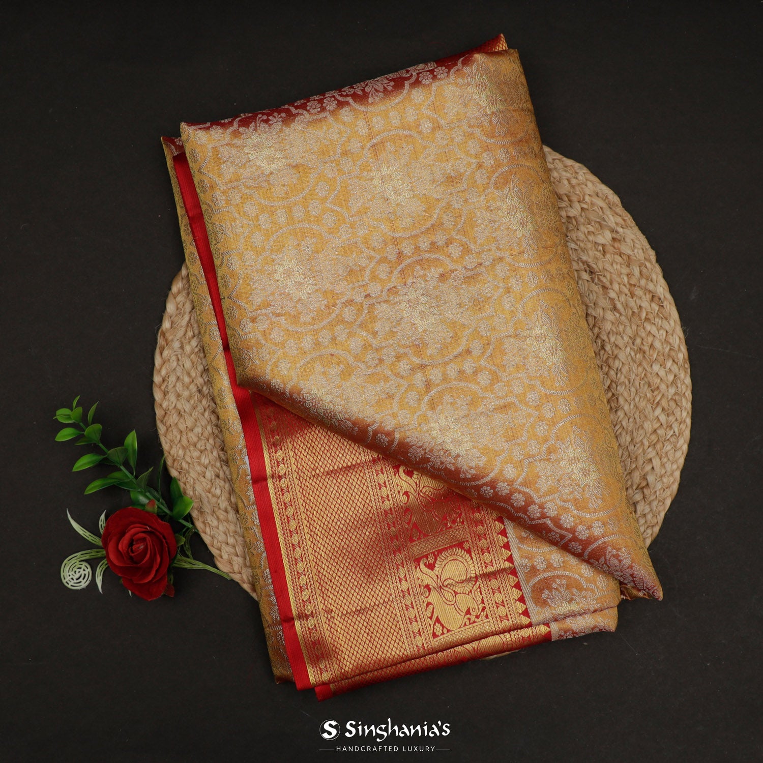 Yellowish Red Kanjivaram Silk Saree With Floral Jaal Pattern