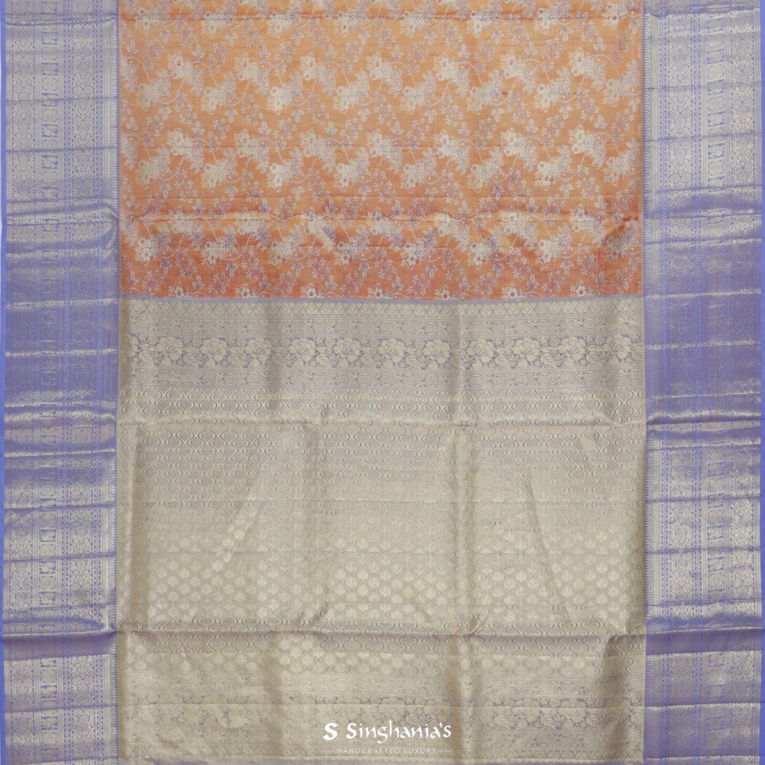 Calm Orange Kanjivaram Silk Saree With Floral Jaal Pattern
