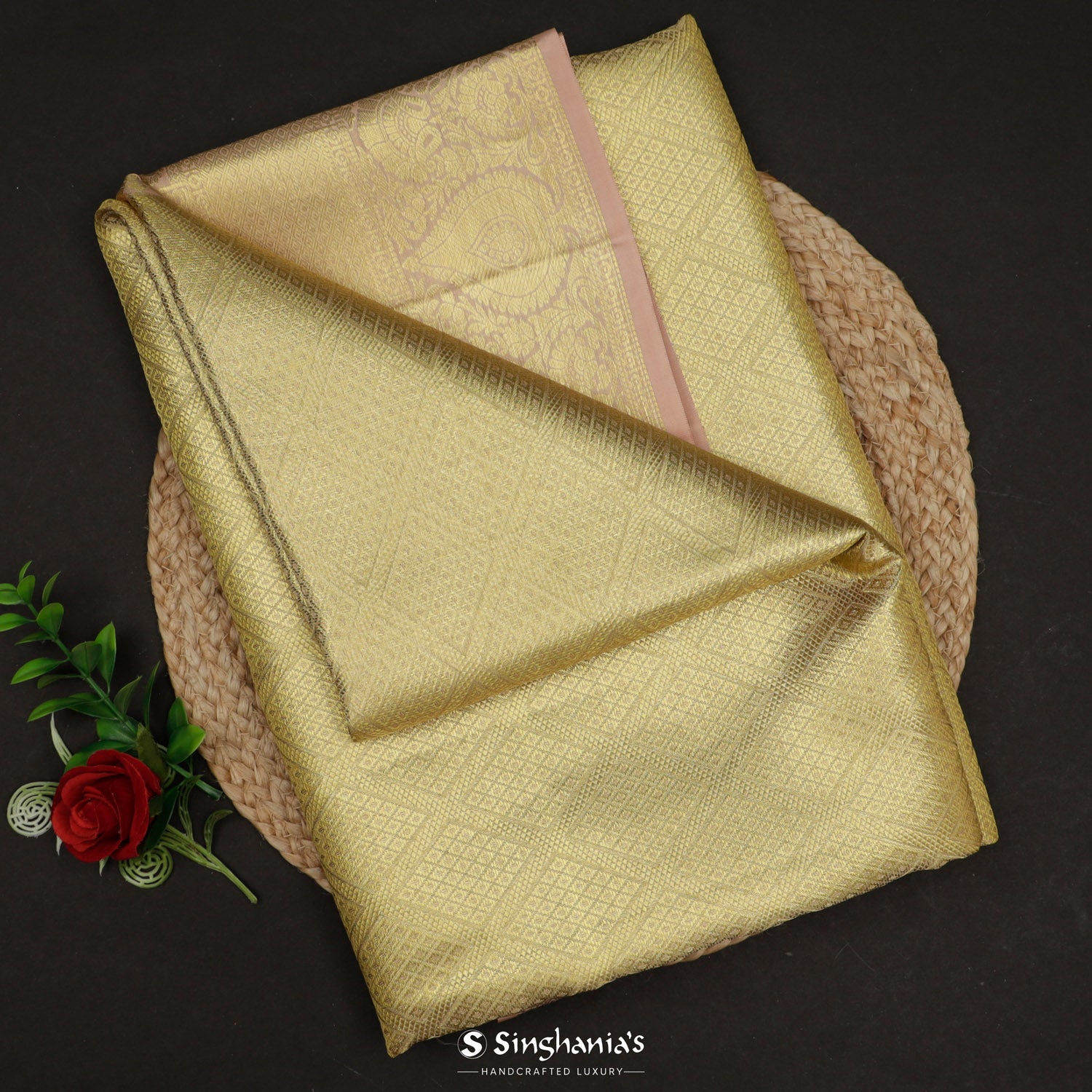 Pale Yellow-Cream Kanjivaram Silk Saree With Diamond Pattern