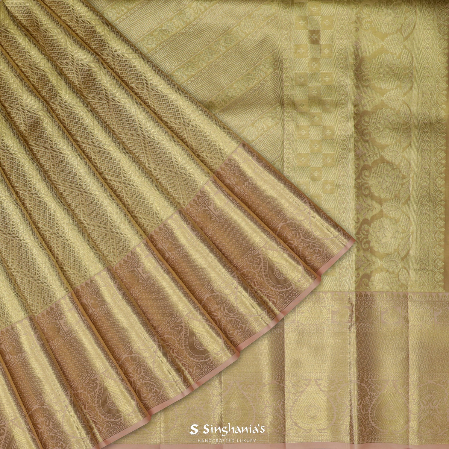 Pale Yellow-Cream Kanjivaram Silk Saree With Diamond Pattern