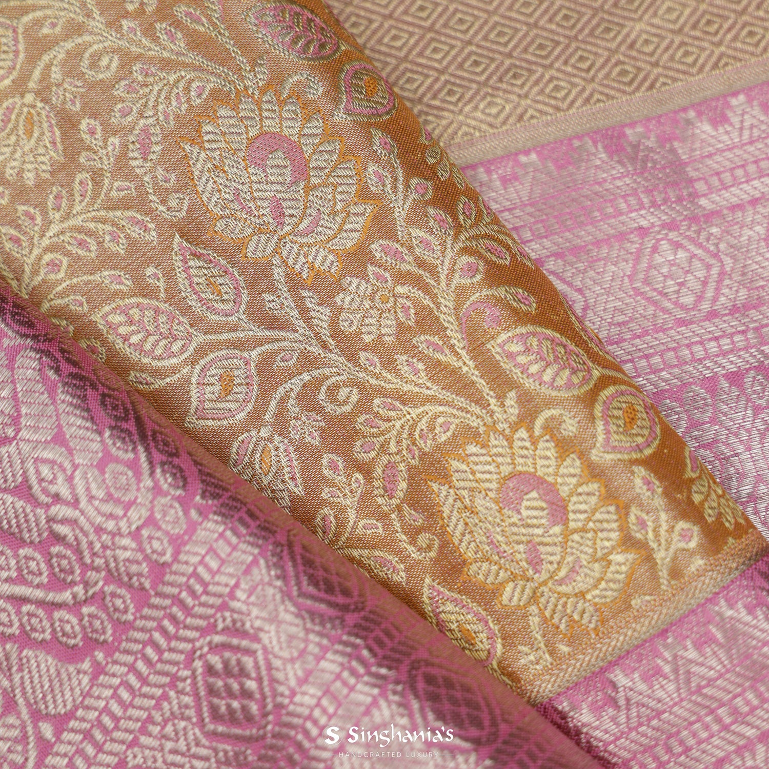 Wheat Orange Kanjivaram Silk Saree With Meenakari Floral Jaal Pattern