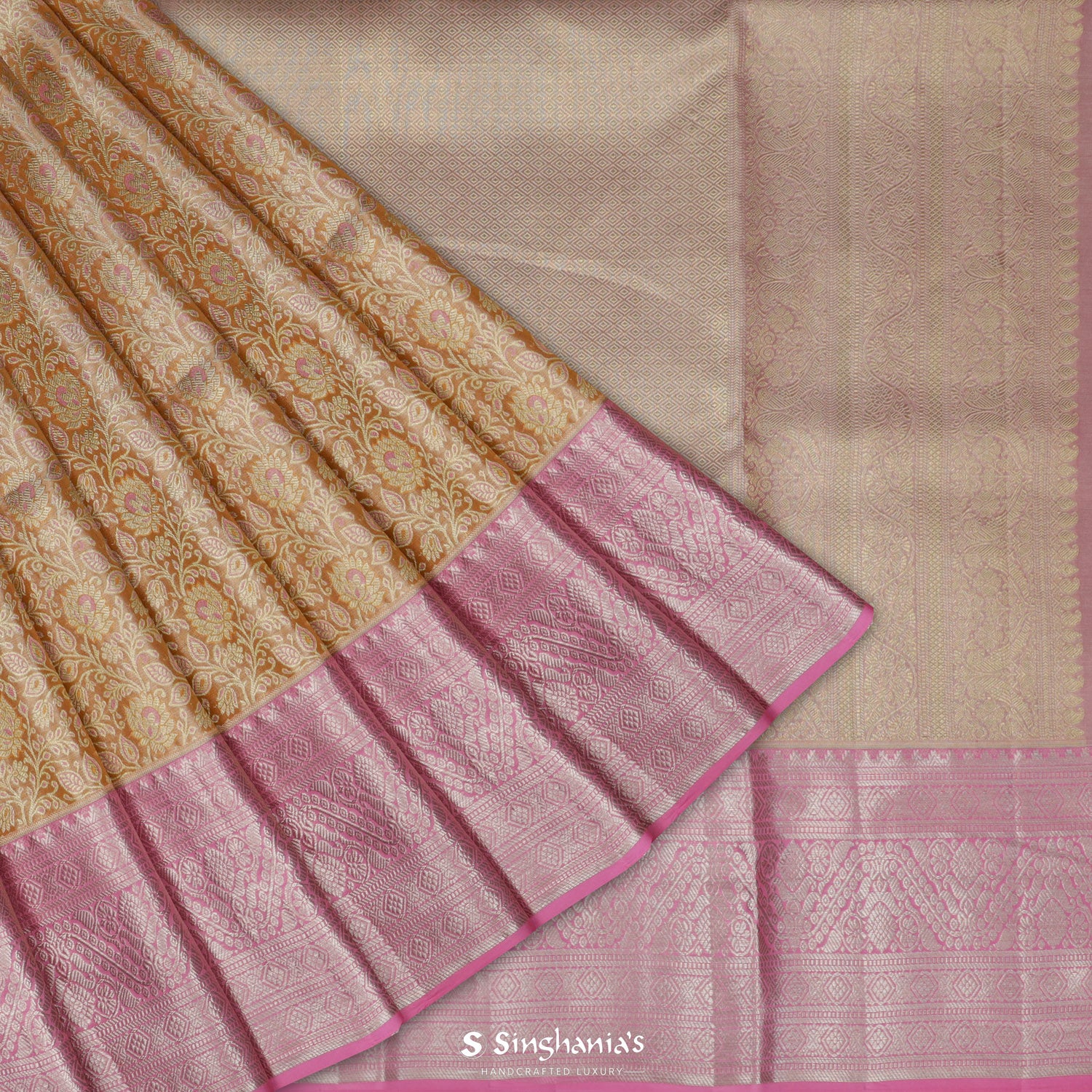 Wheat Orange Kanjivaram Silk Saree With Meenakari Floral Jaal Pattern