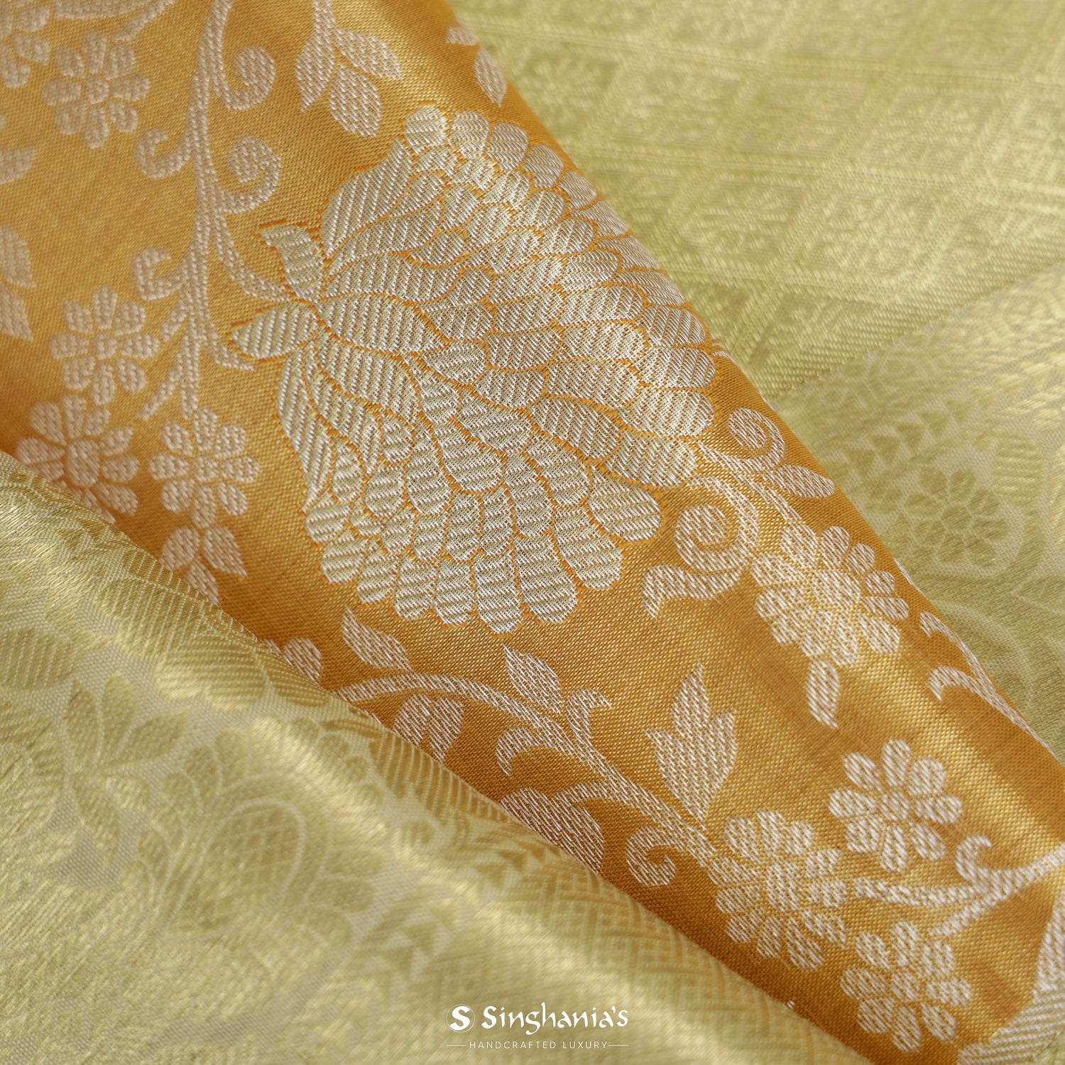Deep Golden Yellow Kanjeevaram Silk Saree With Floral Jaal Pattern