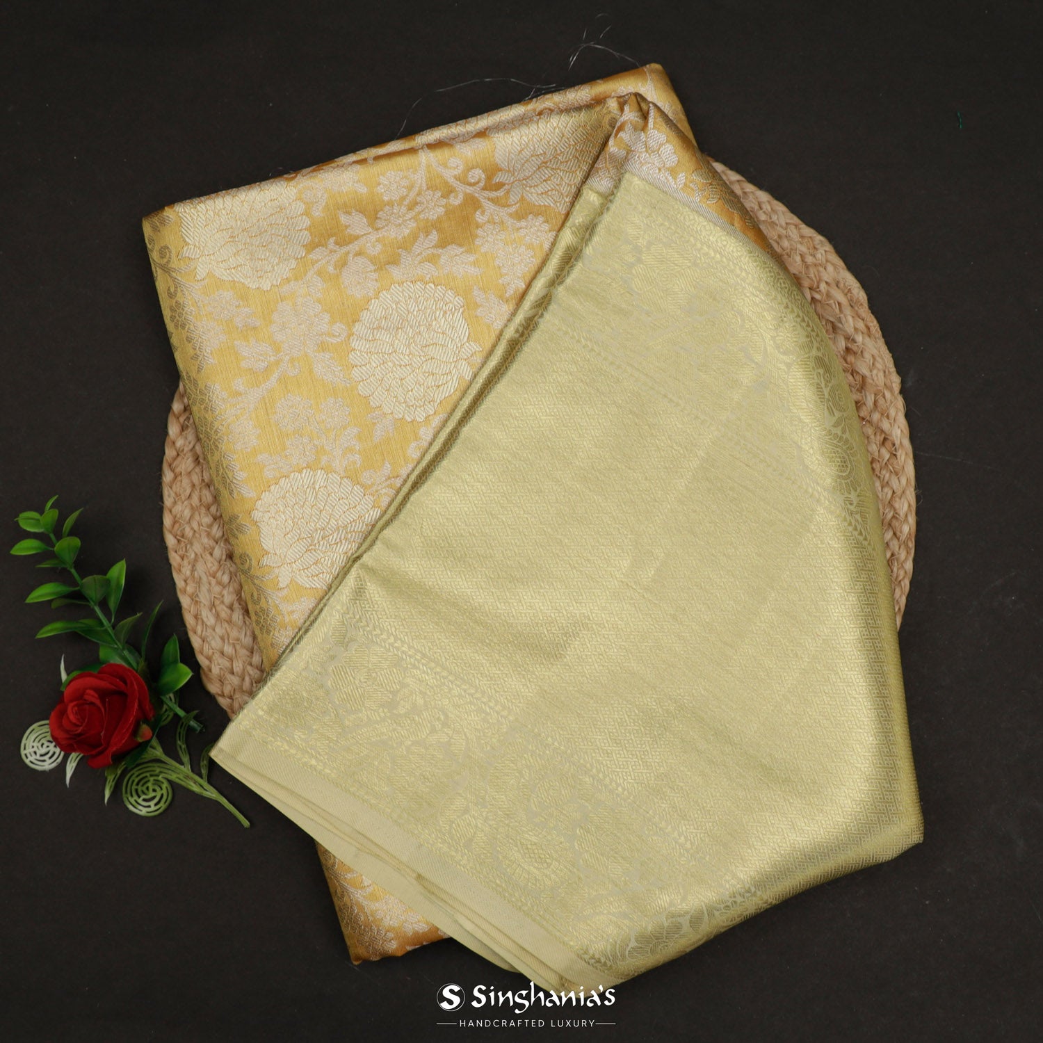 Deep Golden Yellow Kanjeevaram Silk Saree With Floral Jaal Pattern