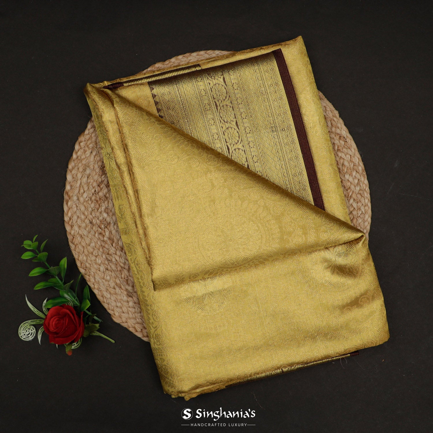 Bright Gold Kanjivaram Silk Saree With Floral Circular Motifs Pattern