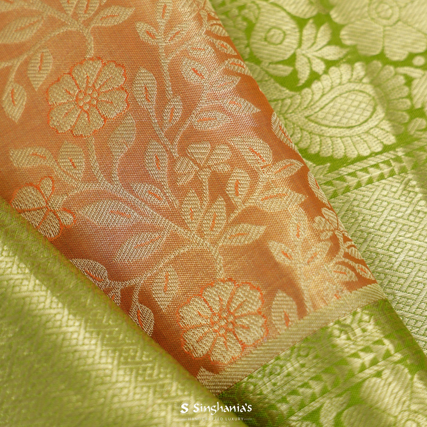 Pastel Orange Kanjivaram Silk Saree With Floral Jaal Pattern