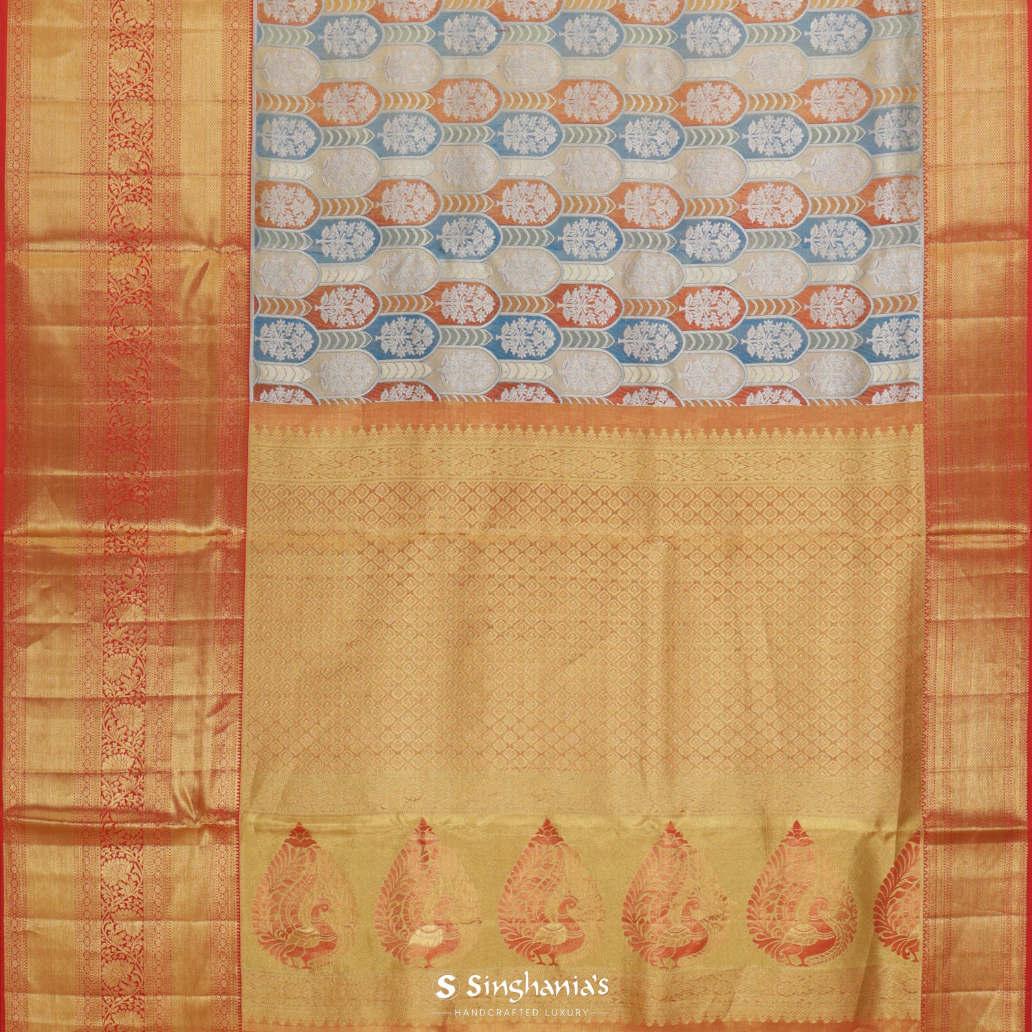 Sky Blue Kanjivaram Silk Saree With Floral Frames Pattern