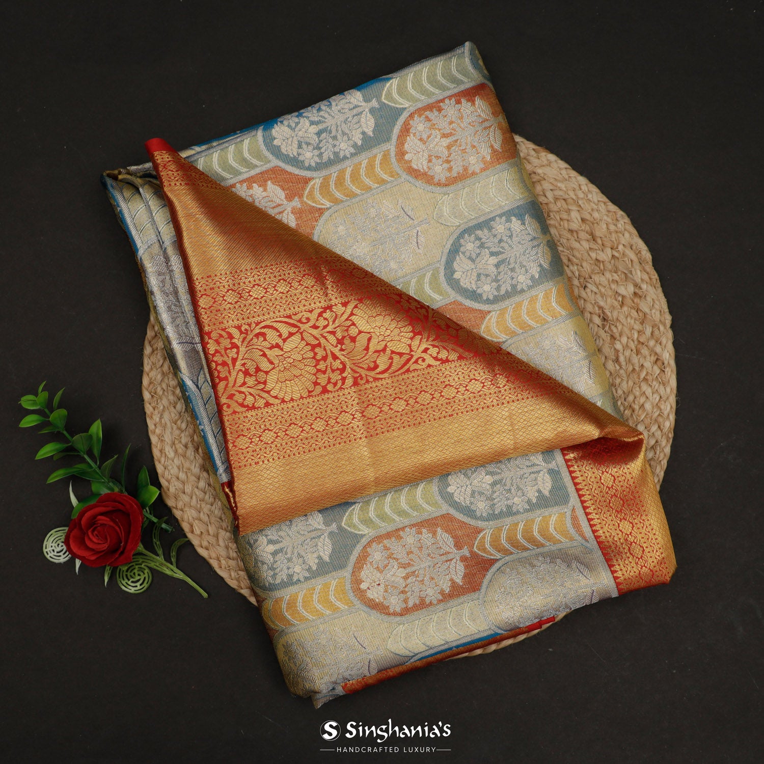 Sky Blue Kanjivaram Silk Saree With Floral Frames Pattern