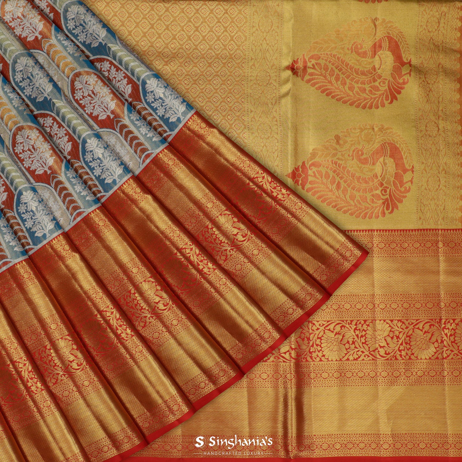 Sky Blue Kanjivaram Silk Saree With Floral Frames Pattern