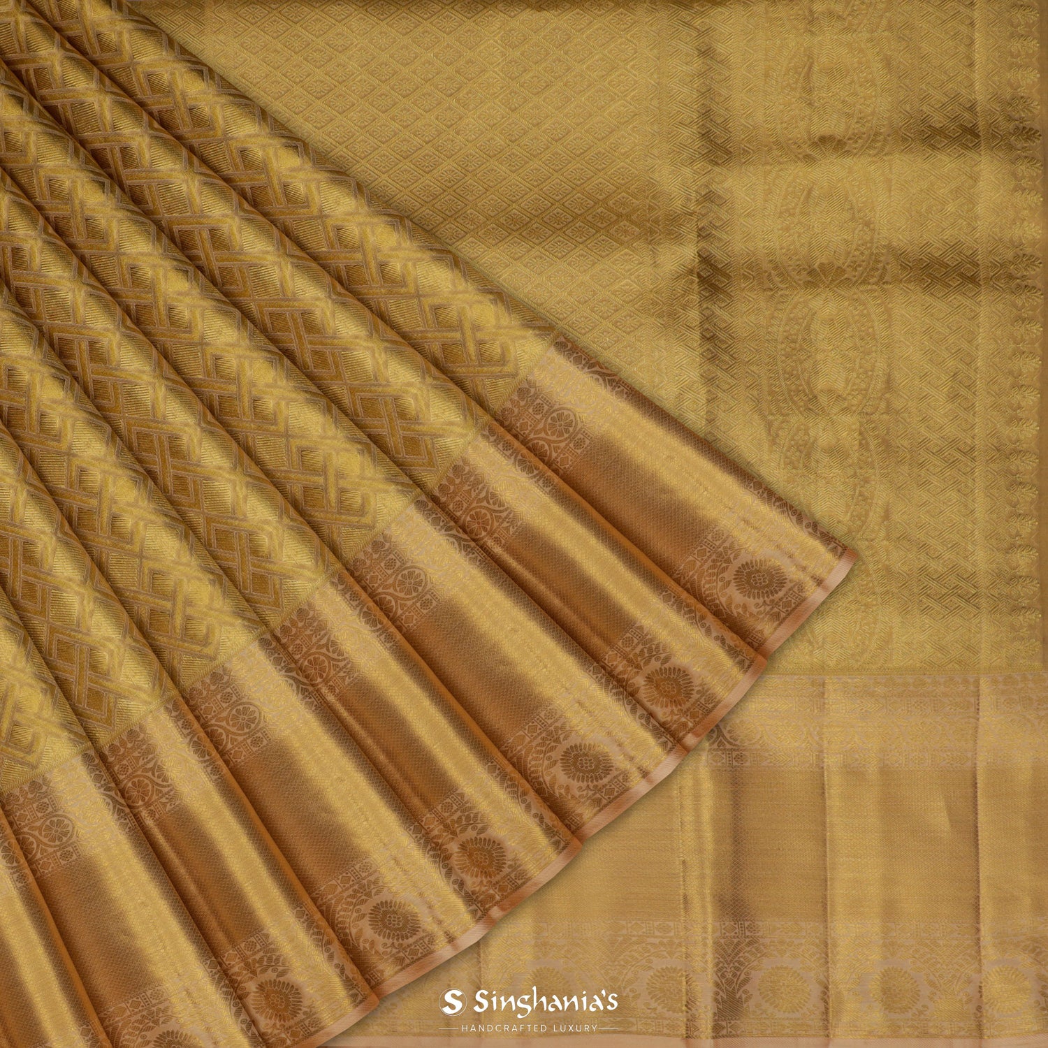 Bright Yellow Gold Kanjivaram Silk Saree With Diamond Pattern