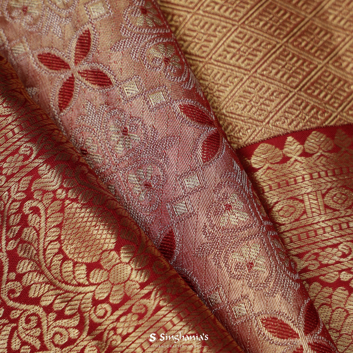 Light Pinkish Red Kanjivaram Silk Saree With Floral Jaal Pattern