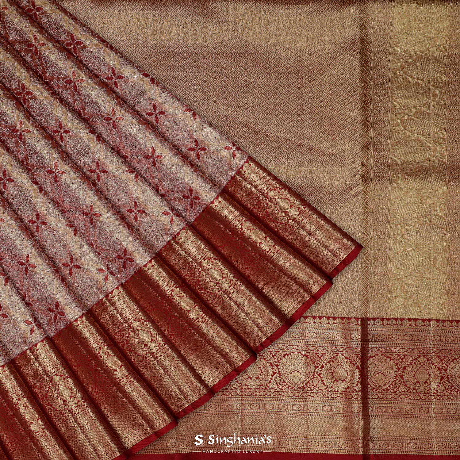 Light Pinkish Red Kanjivaram Silk Saree With Floral Jaal Pattern