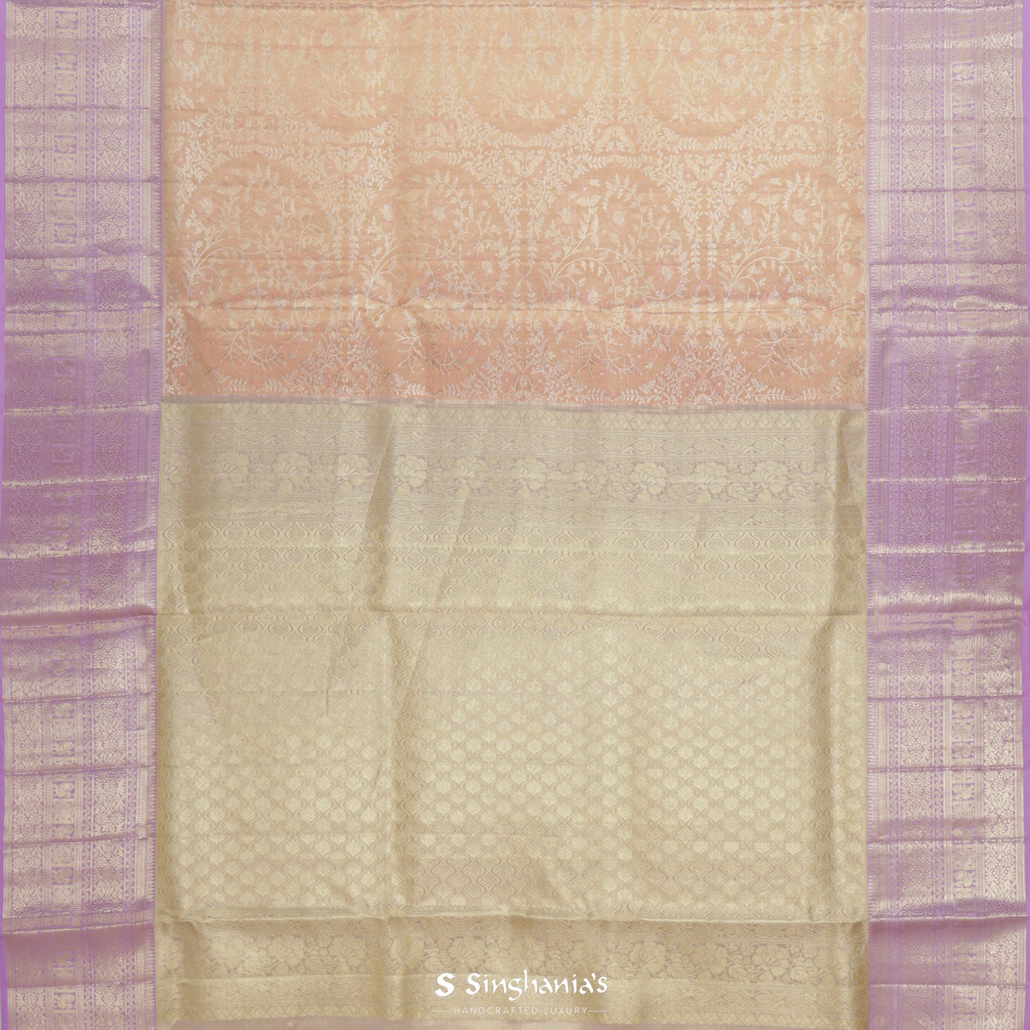 Bisque Peach Kanjivaram Silk Saree With Floral Jaal Pattern