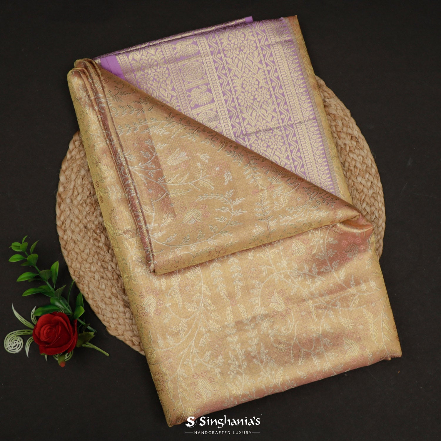 Bisque Peach Kanjivaram Silk Saree With Floral Jaal Pattern