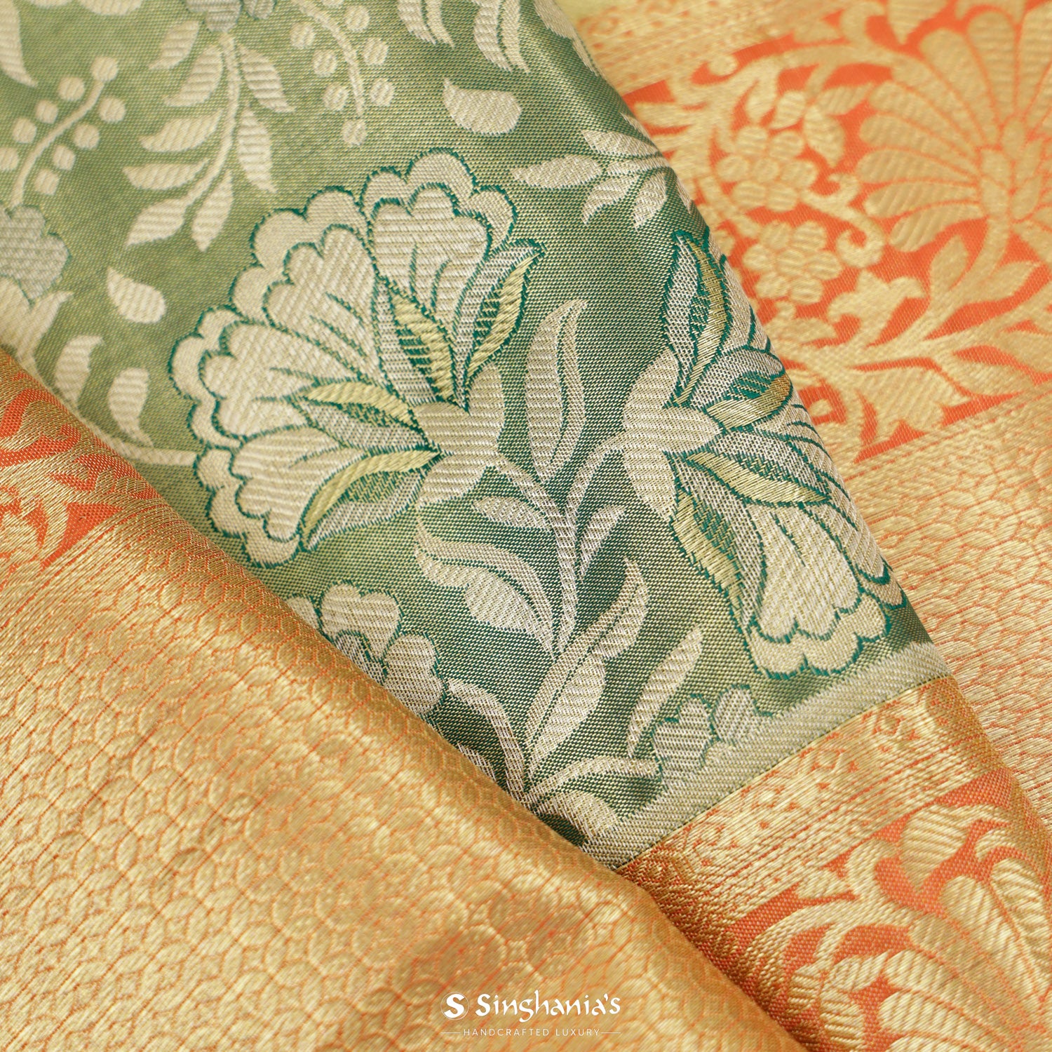 Pista Green Kanjivaram Silk Saree With Meenakari Floral Jaal Pattern