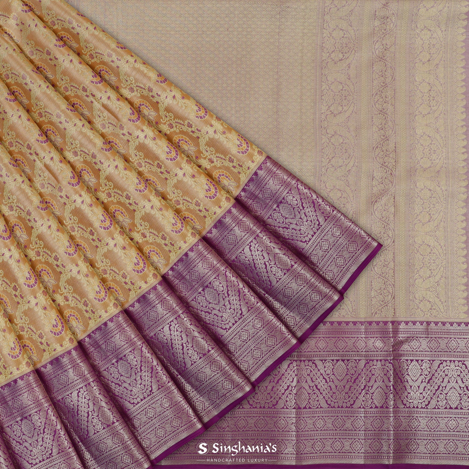 Sheen Gold Yellow Kanjivaram Silk Saree With Meenakari Floral Jaal Pattern