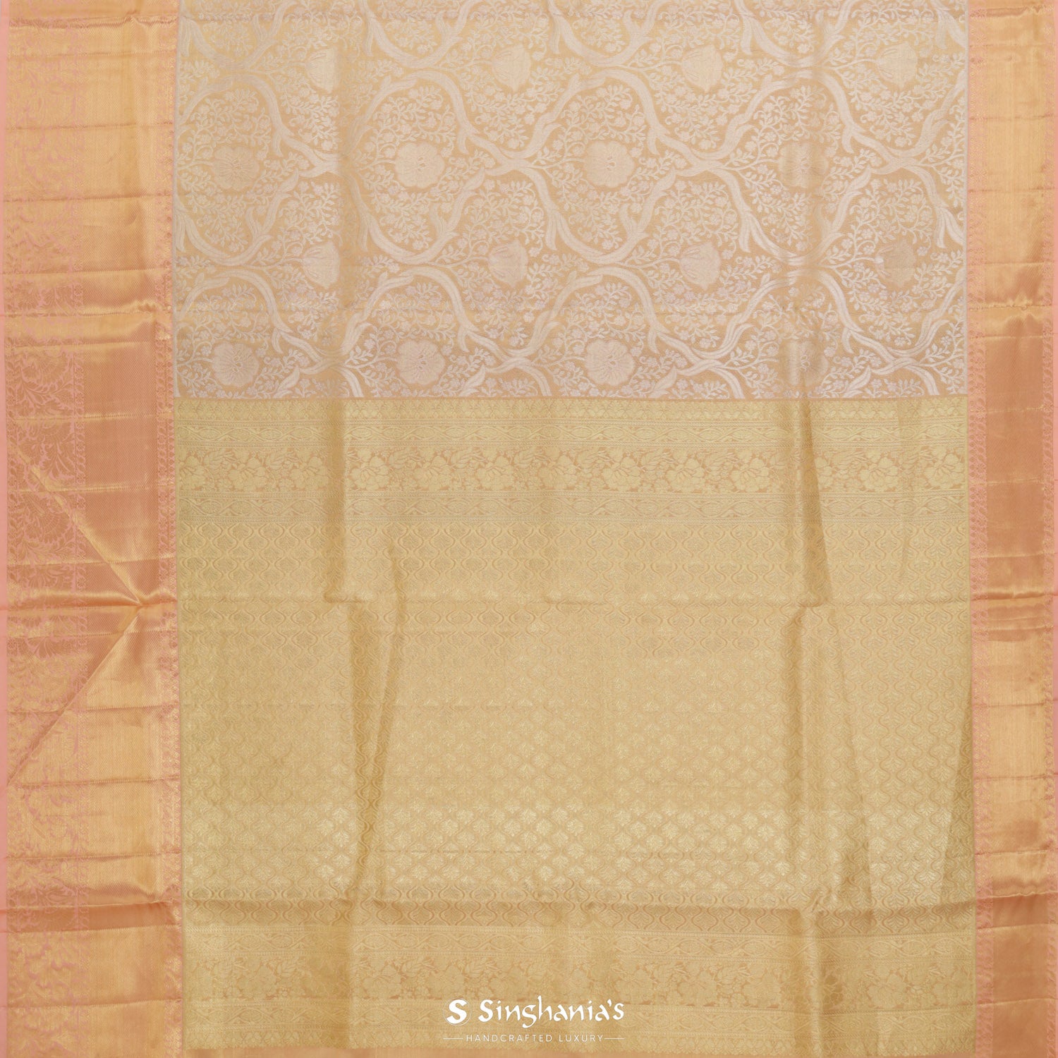 Peach-Gold Kanjivaram Silk Saree With Floral Jaal Pattern