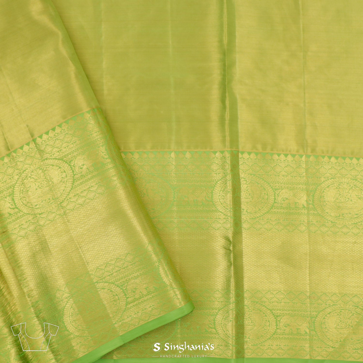 Parrot Green Kanjivaram Silk Saree With Meenakari Checks In Diagonal Stripes Pattern