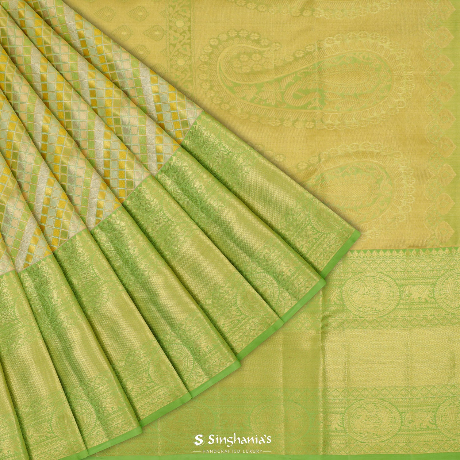 Parrot Green Kanjivaram Silk Saree With Meenakari Checks In Diagonal Stripes Pattern