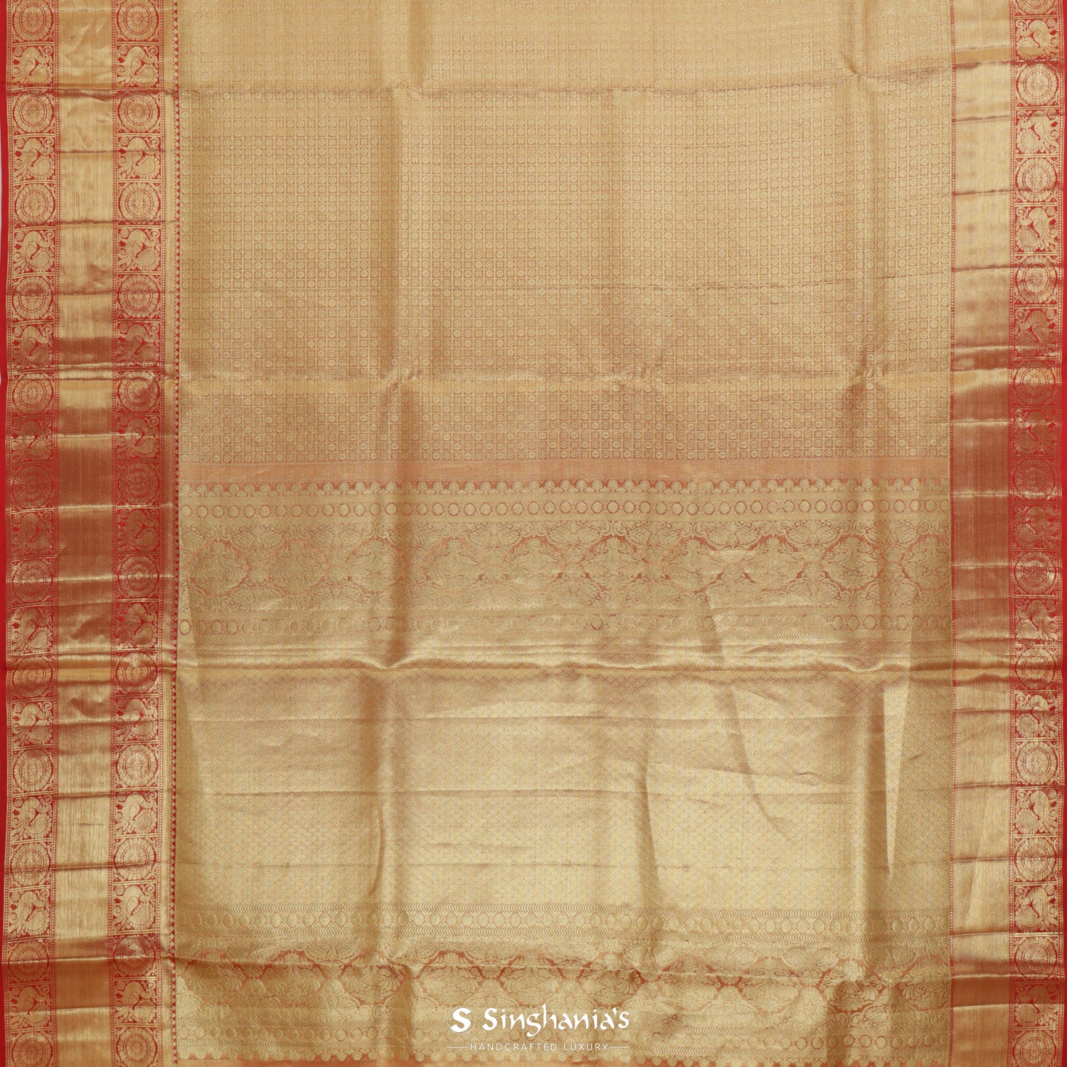 Goldish Red Kanjivaram Silk Saree With Checks Pattern