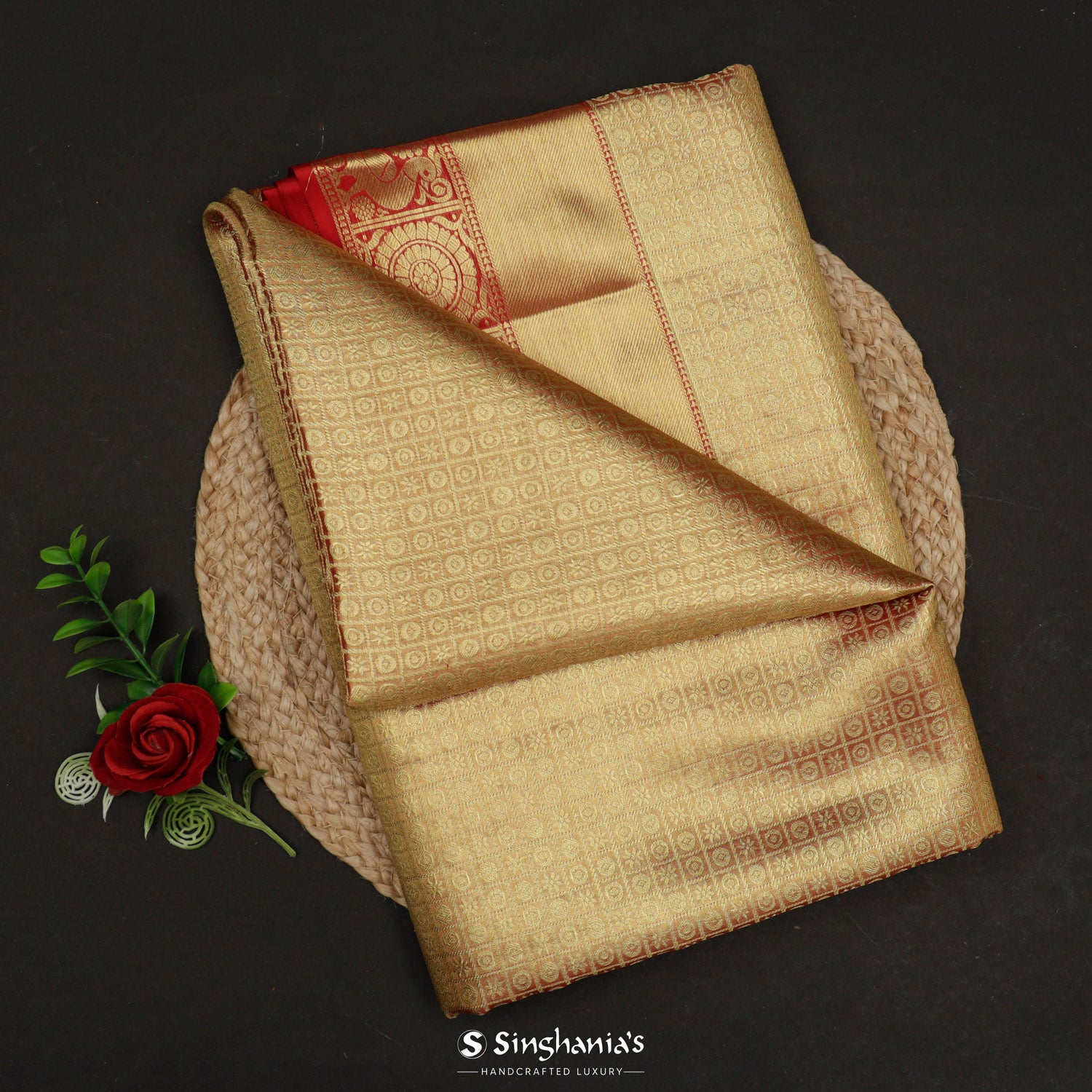 Goldish Red Kanjivaram Silk Saree With Checks Pattern