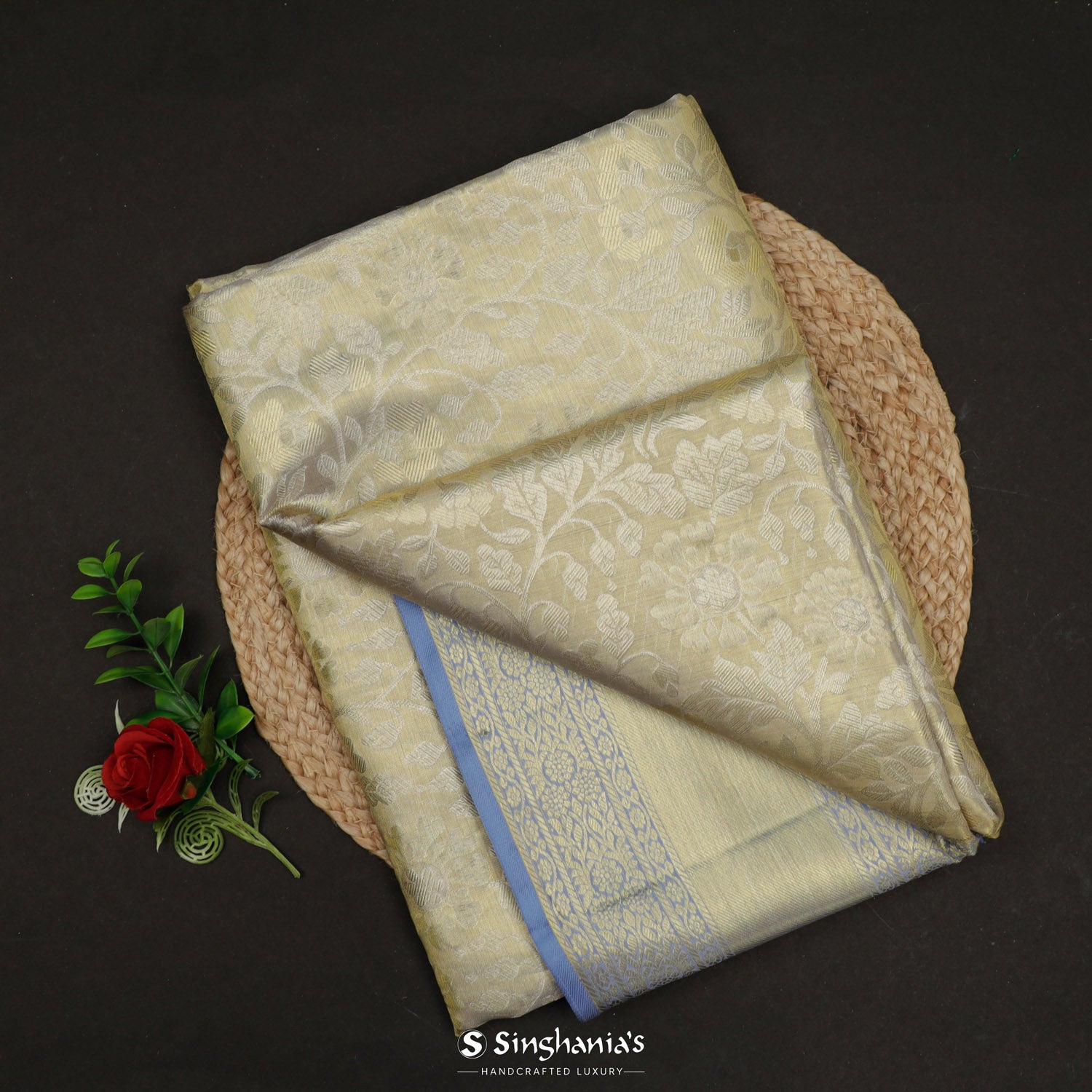 Cosmic Latte Cream Kanjivaram Silk Saree With Floral Jaal Pattern