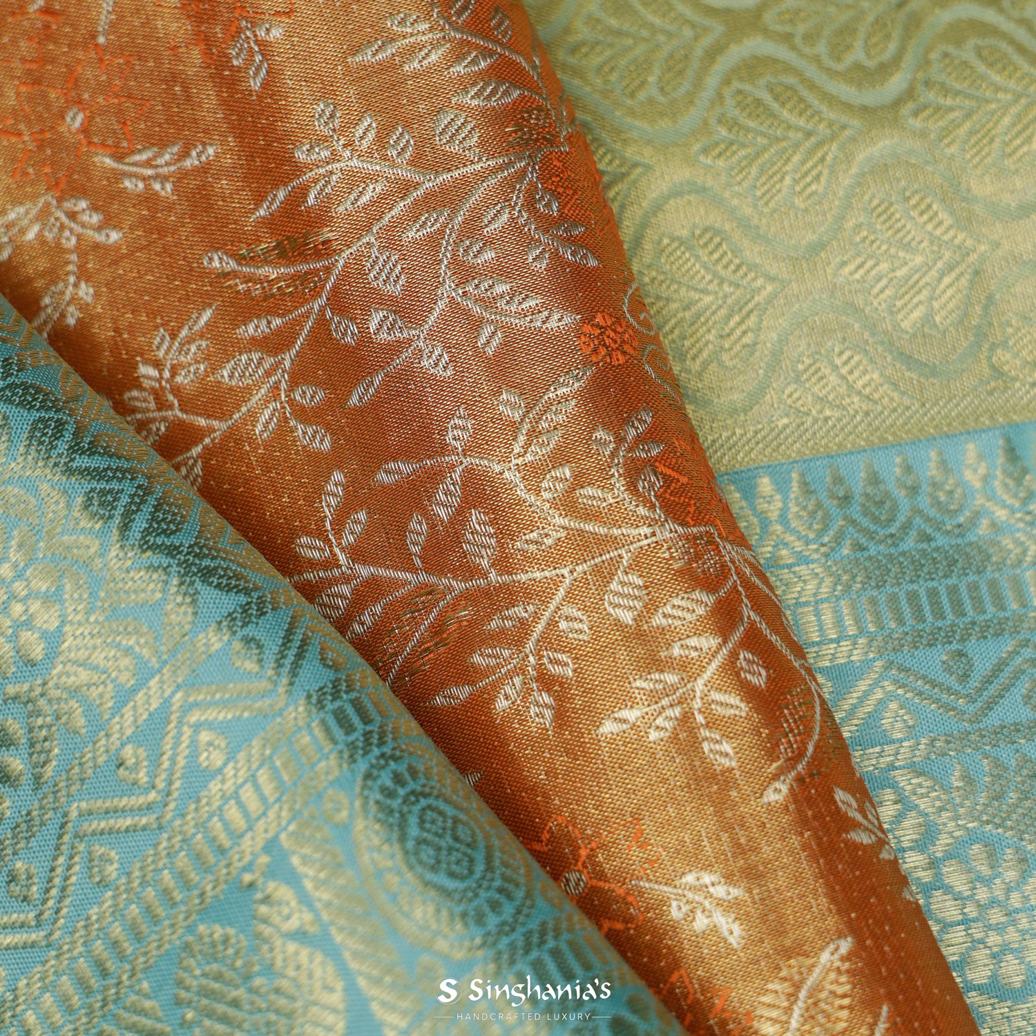 Yam Orange Kanjivaram Silk Saree With Floral Jaal Pattern