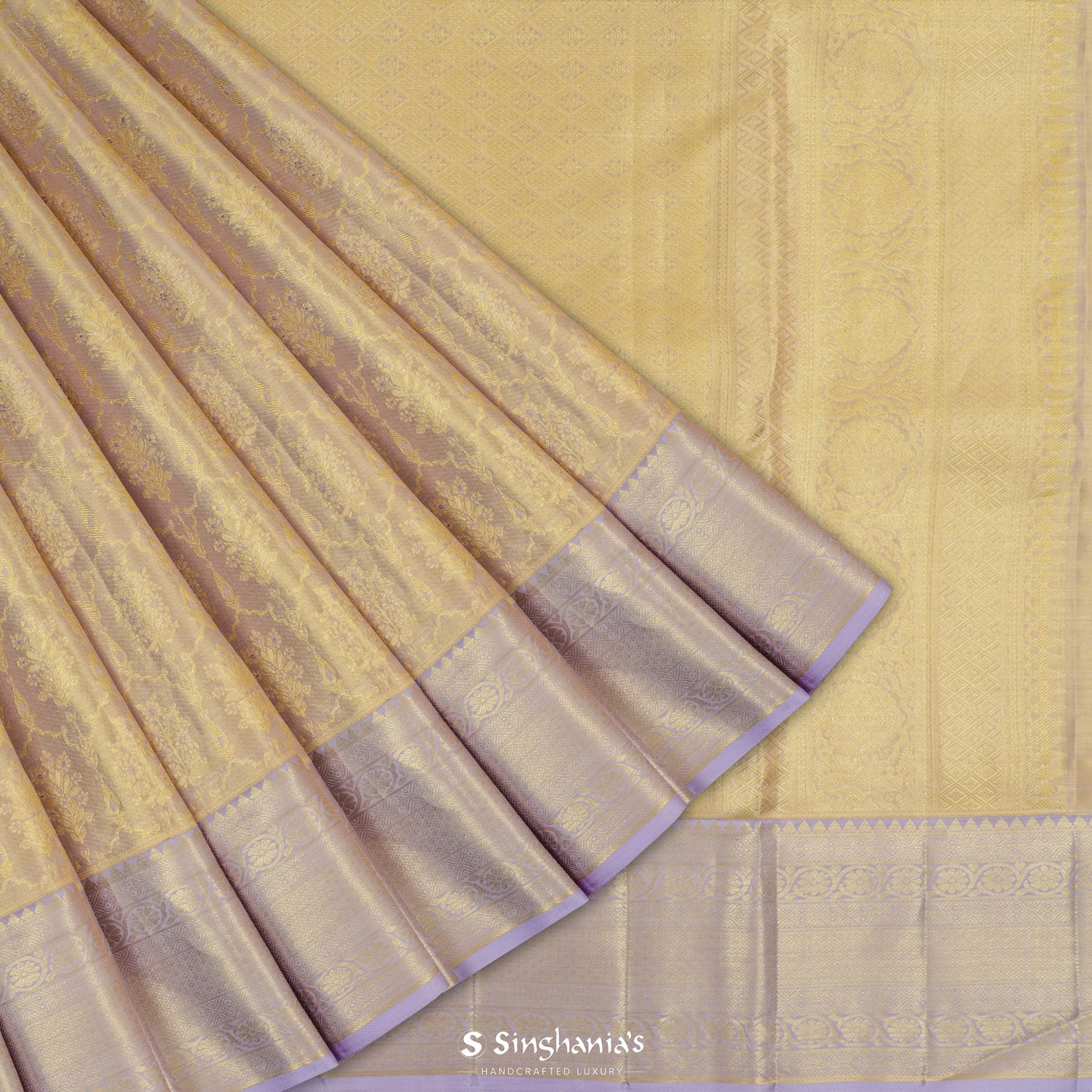 Gold-Pastel Purple Kanjivaram Silk Saree With Floral Butti Pattern