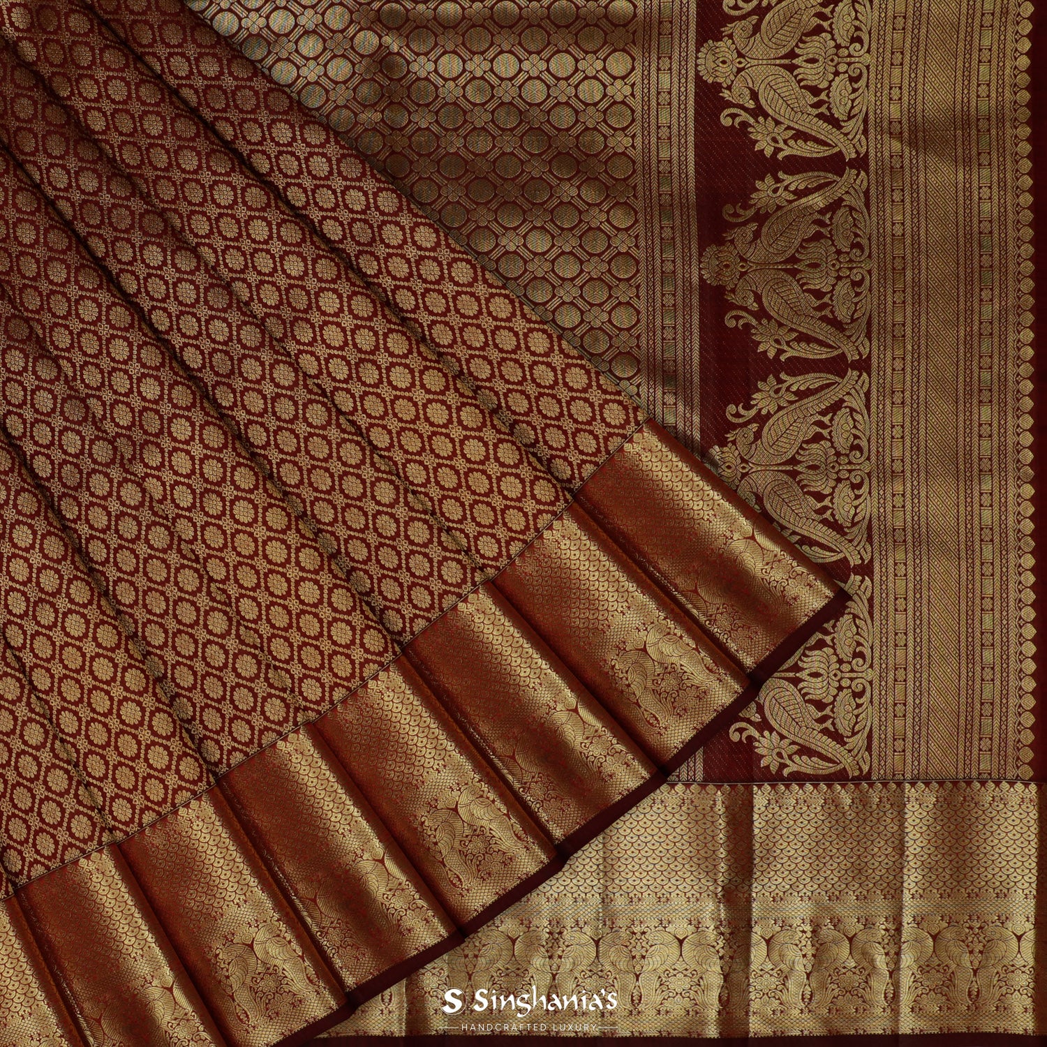 Maroon Kanjivaram Silk Saree With Floral Geometrical Pattern