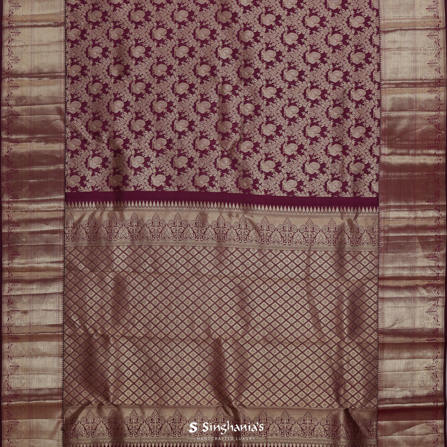 Tyrian Purple Kanjivaram Silk Saree With Peacock Motifs In Diamond Floral Pattern