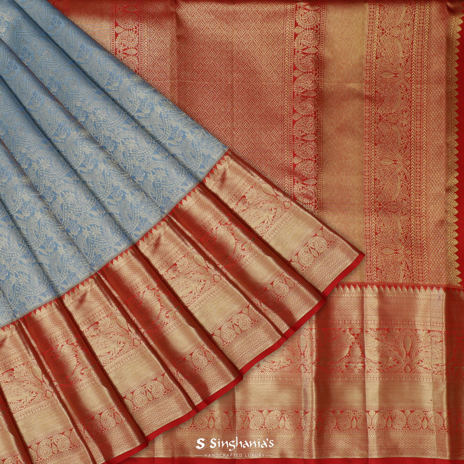 Blue-Gray Kanjivaram Silk Saree With Floral Jaal Pattern