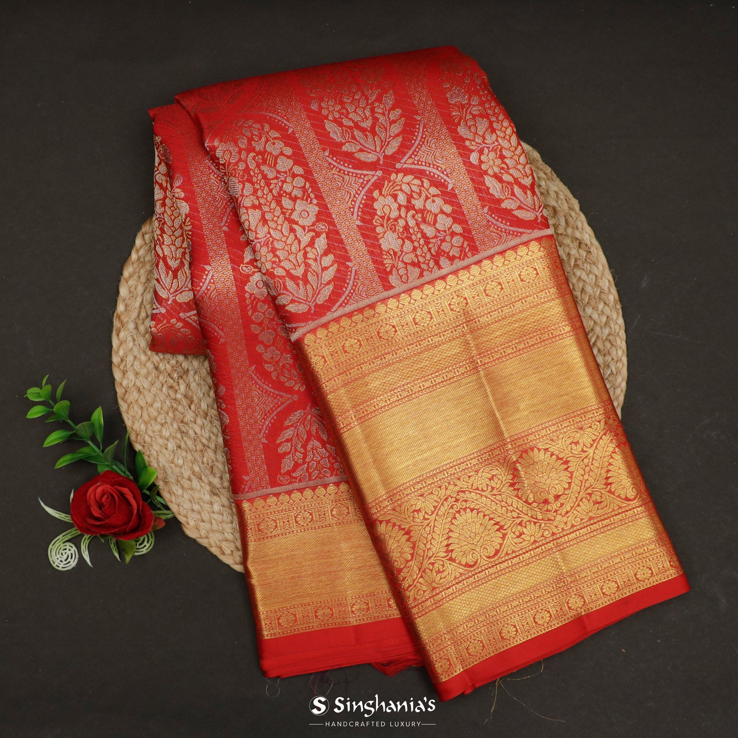 Arsenal Red Kanjivaram Silk Saree With Floral Butti Pattern