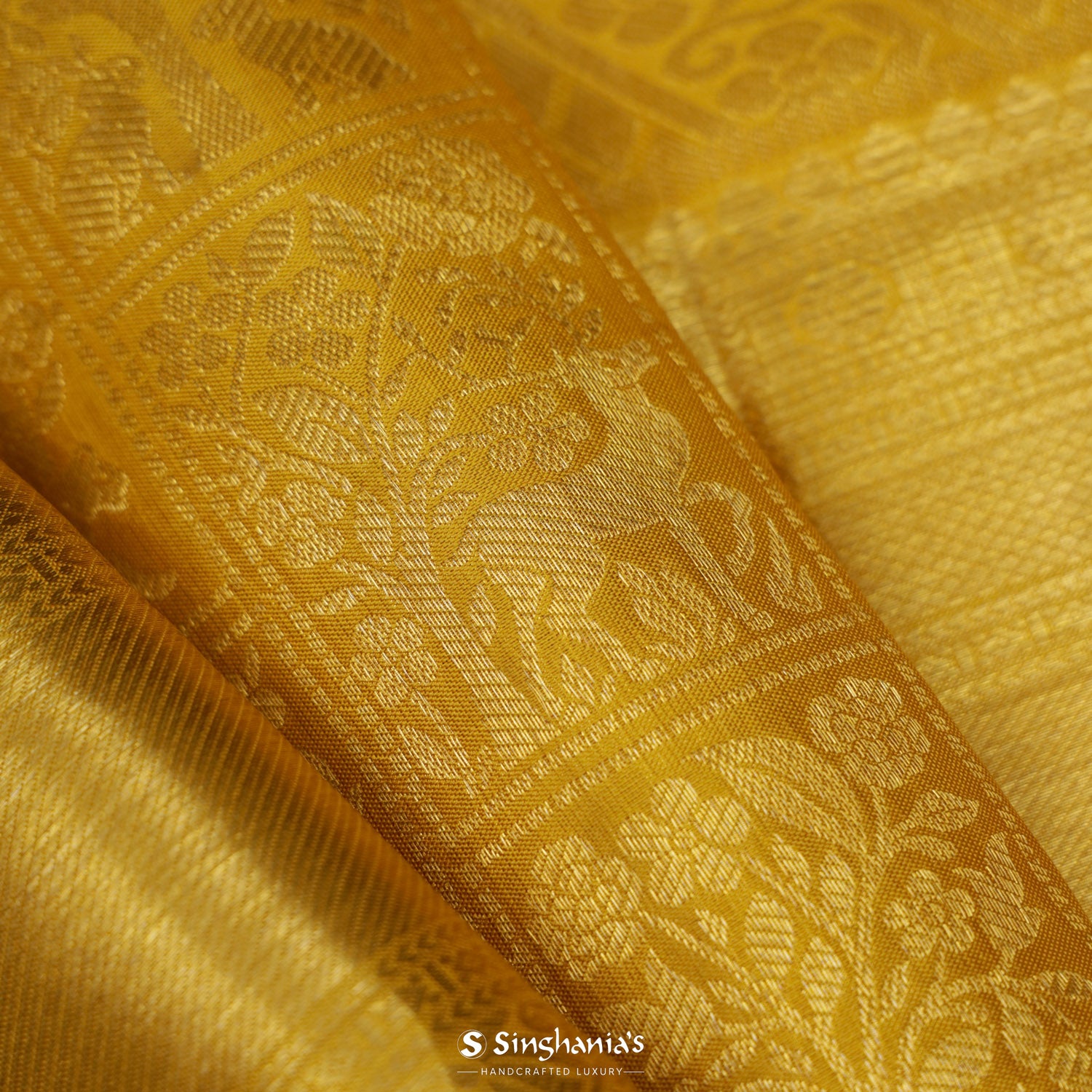 Sunrise Yellow Kanjivaram Silk Saree With Floral Fauna Pattern