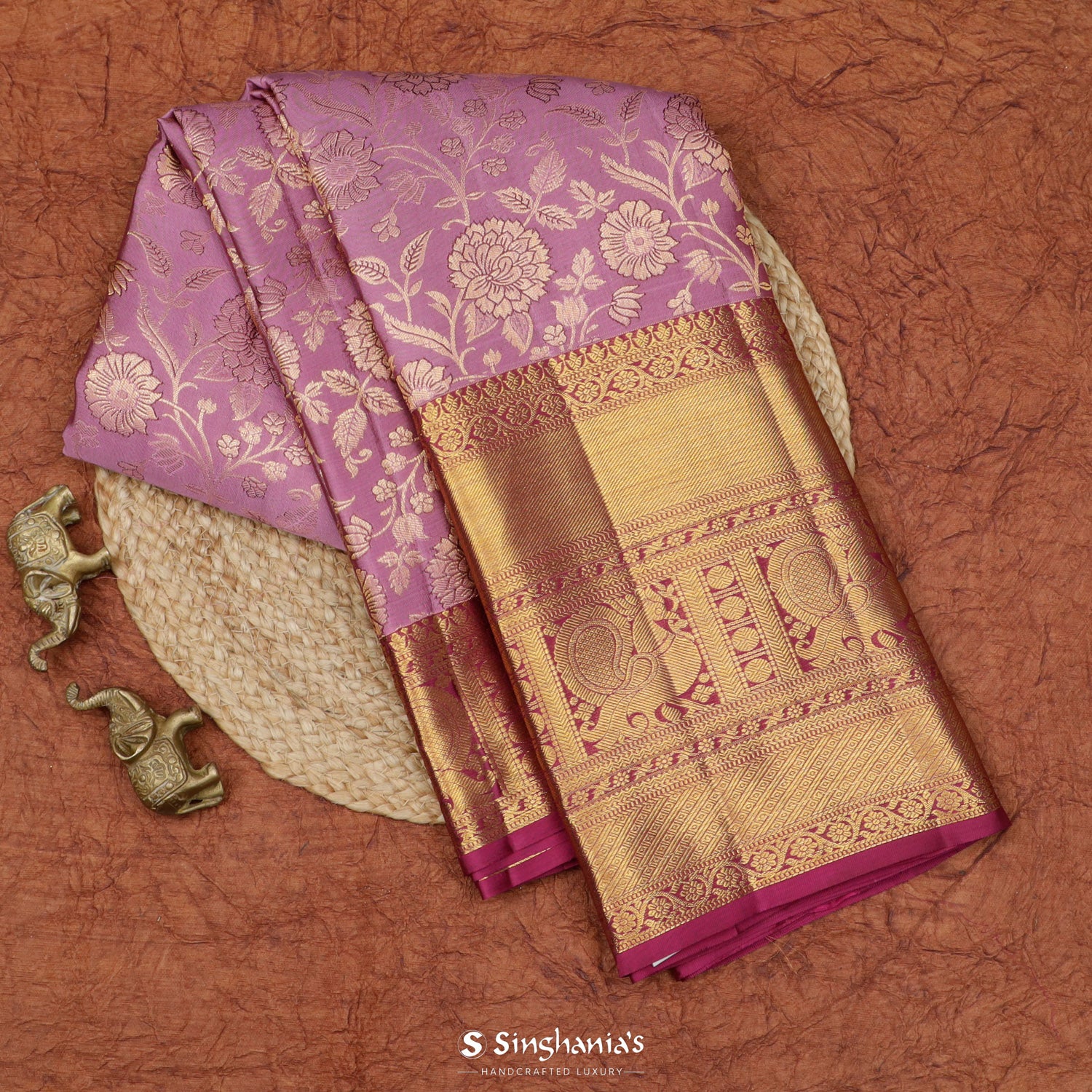 Plum Purple Kanjivaram Silk Saree With Floral Jaal Pattern