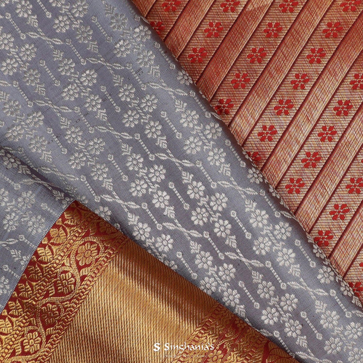 Metallic Gray Kanjivaram Silk Saree With Floral Jaal Pattern