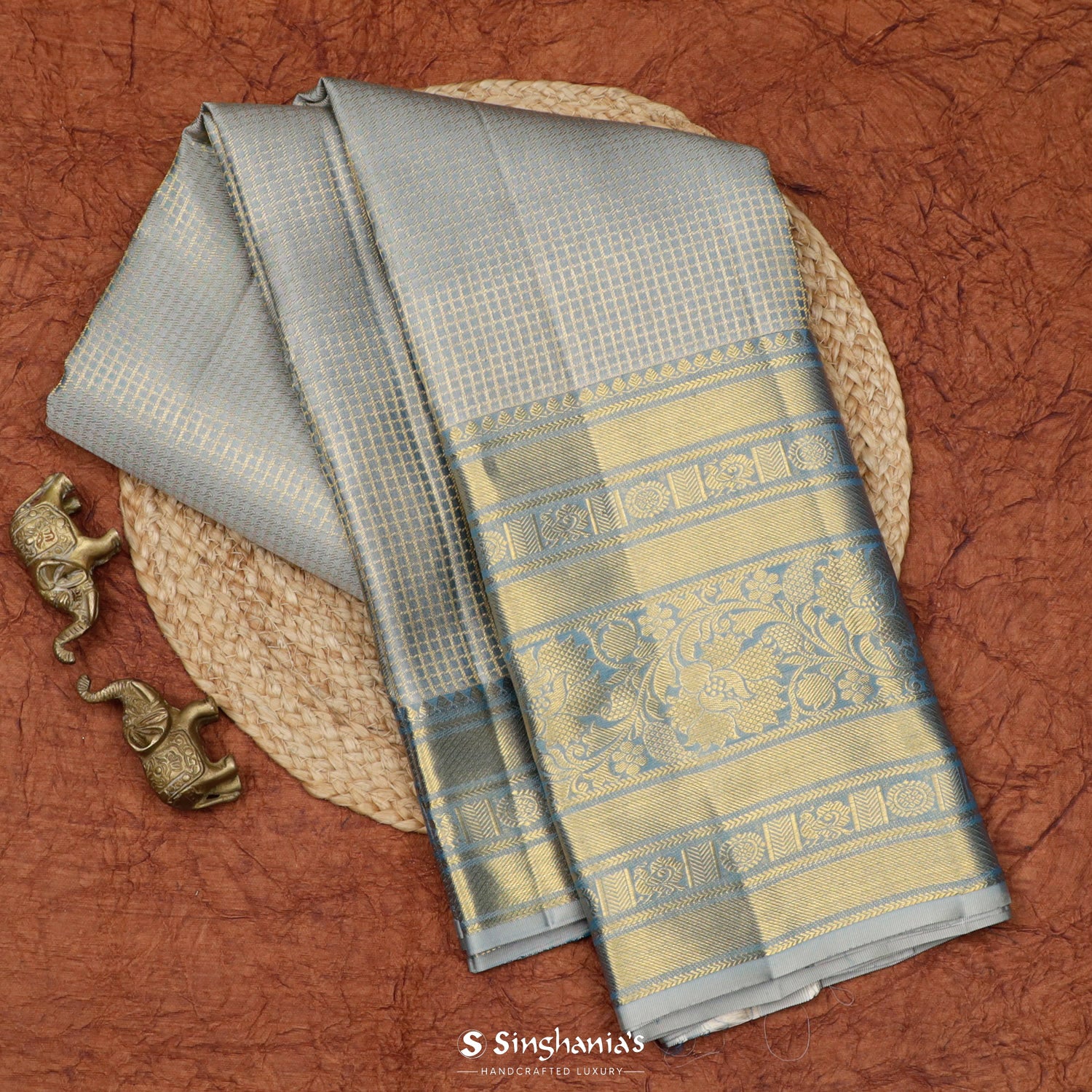 Lavender Gray Kanjivaram Silk Saree With Checks Pattern