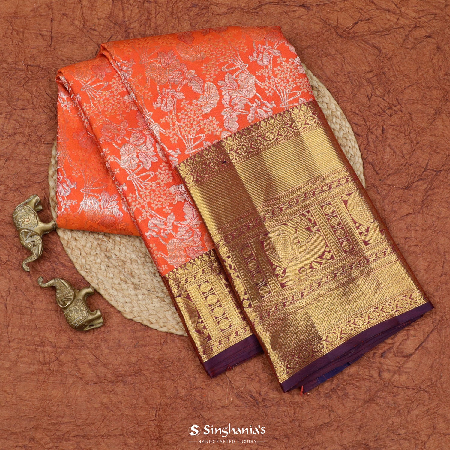 Pantone Orange Kanjivaram Silk Saree With Floral Jaal Pattern