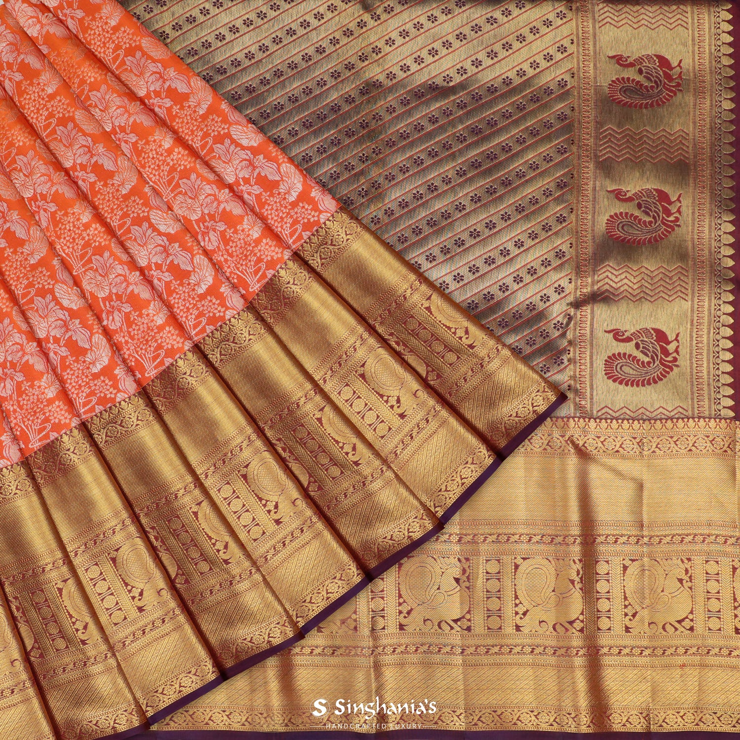 Pantone Orange Kanjivaram Silk Saree With Floral Jaal Pattern