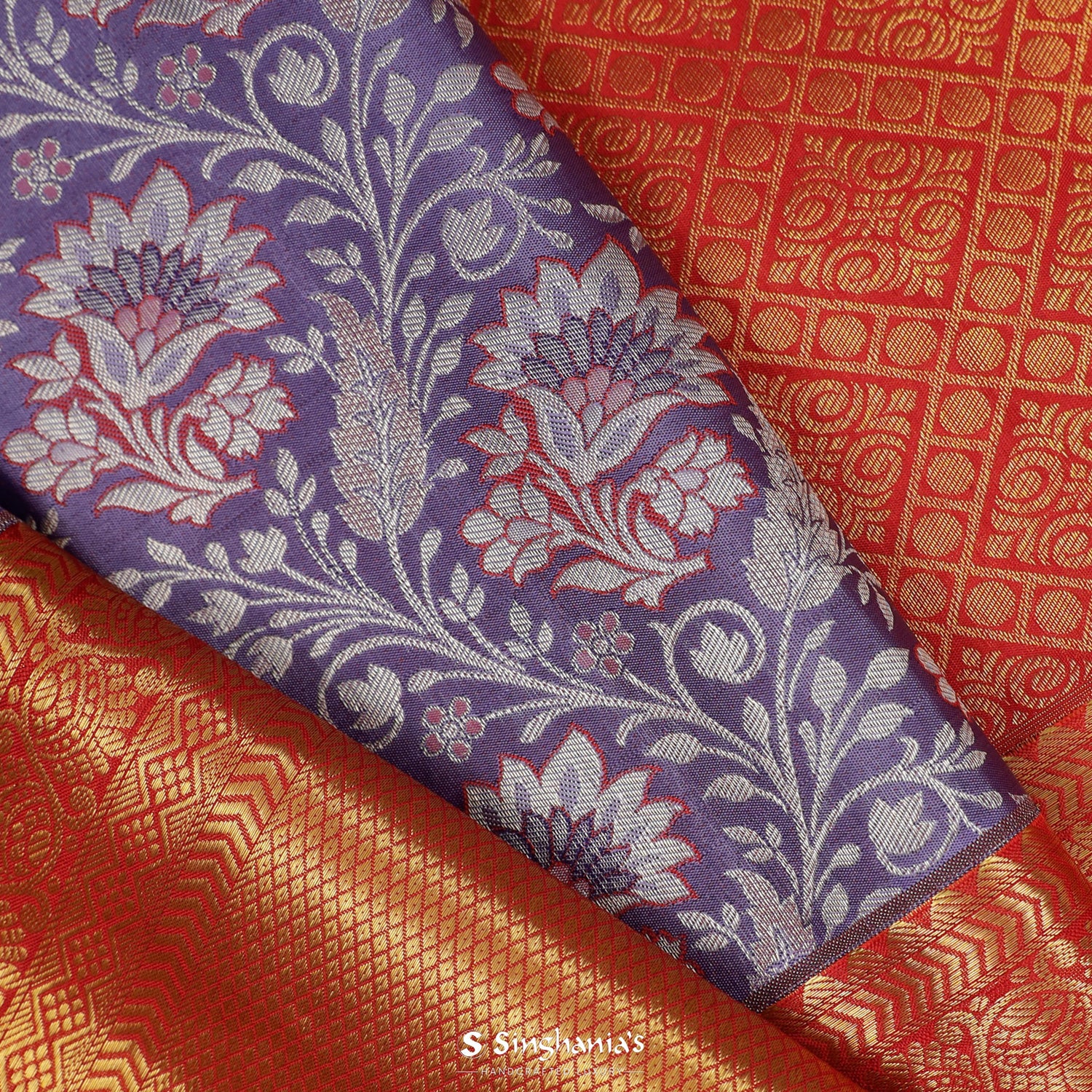 Periwinkle Purple Kanjivaram Silk Saree With Floral Jaal Pattern