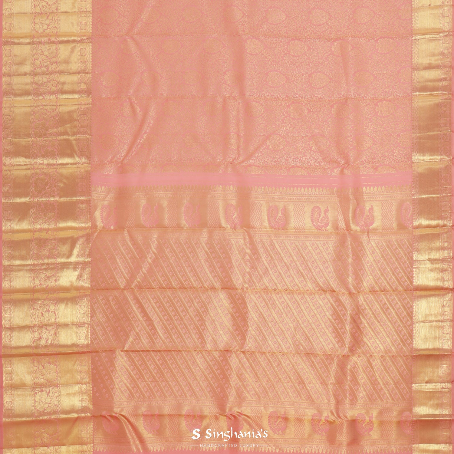 Melon Pink Kanjivaram Silk Saree With Floral Jaal Pattern