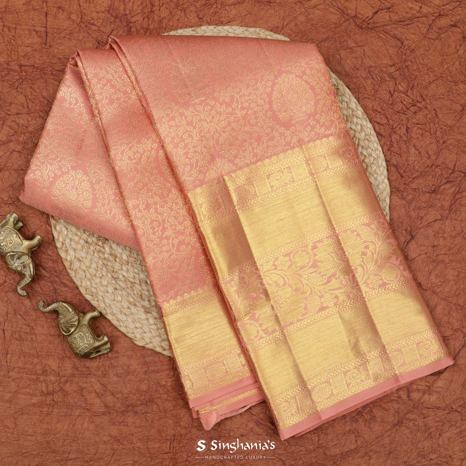 Melon Pink Kanjivaram Silk Saree With Floral Jaal Pattern