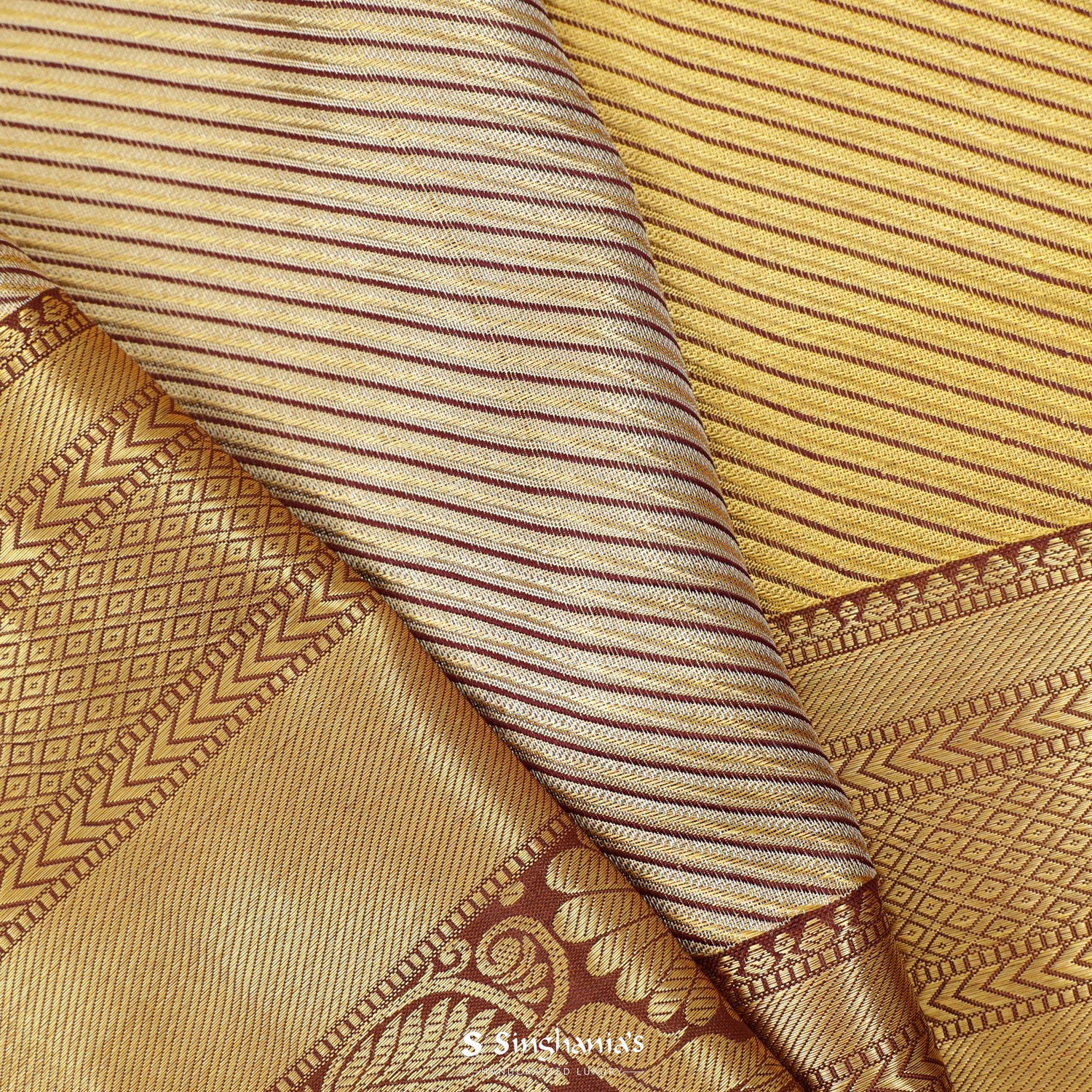 Gold Kanjivaram Silk Saree With Diagonal Stripes Pattern