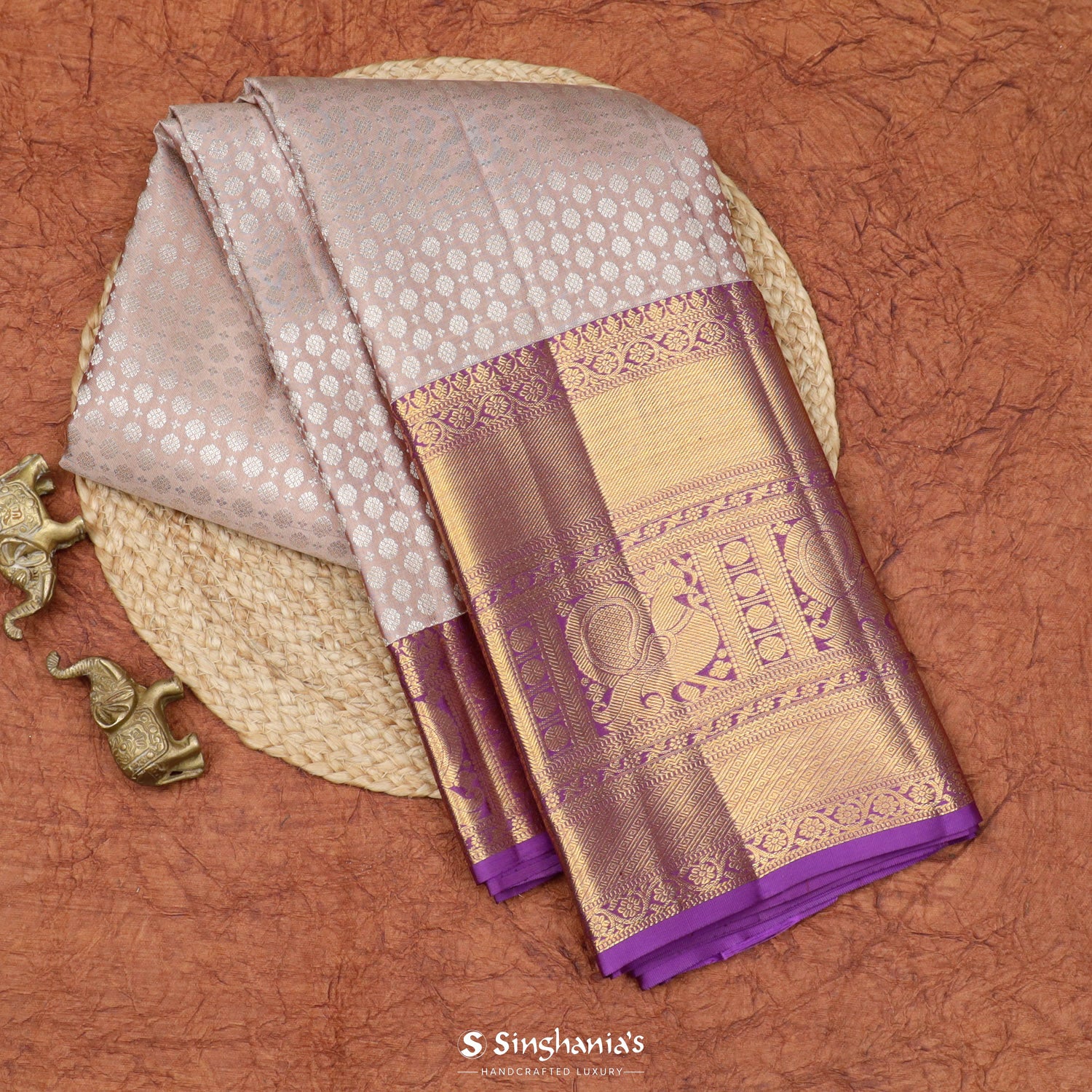 Pale Peach Kanjivaram Silk Saree With Rudraksha Butti Pattern