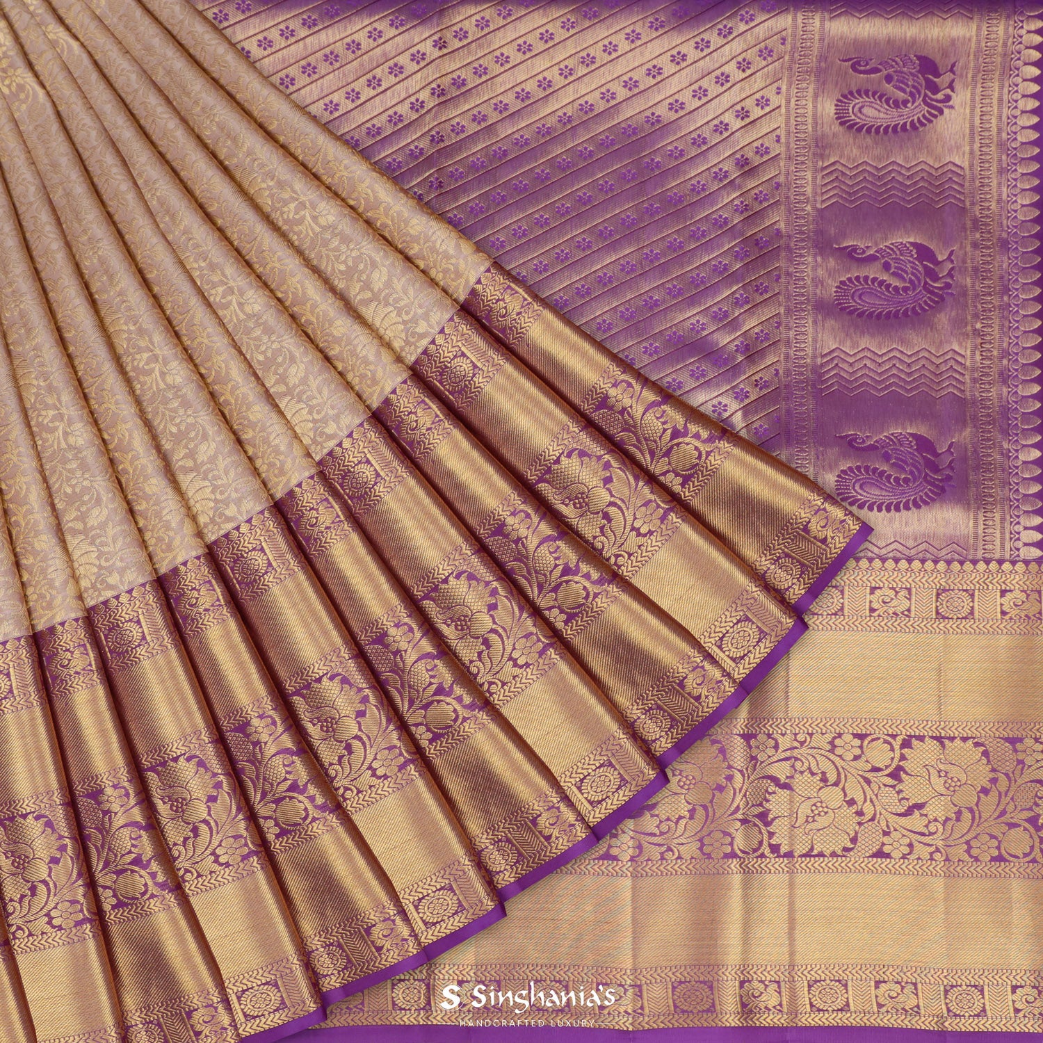 Pale Purple Kanjivaram Silk Saree With Floral Jaal Pattern