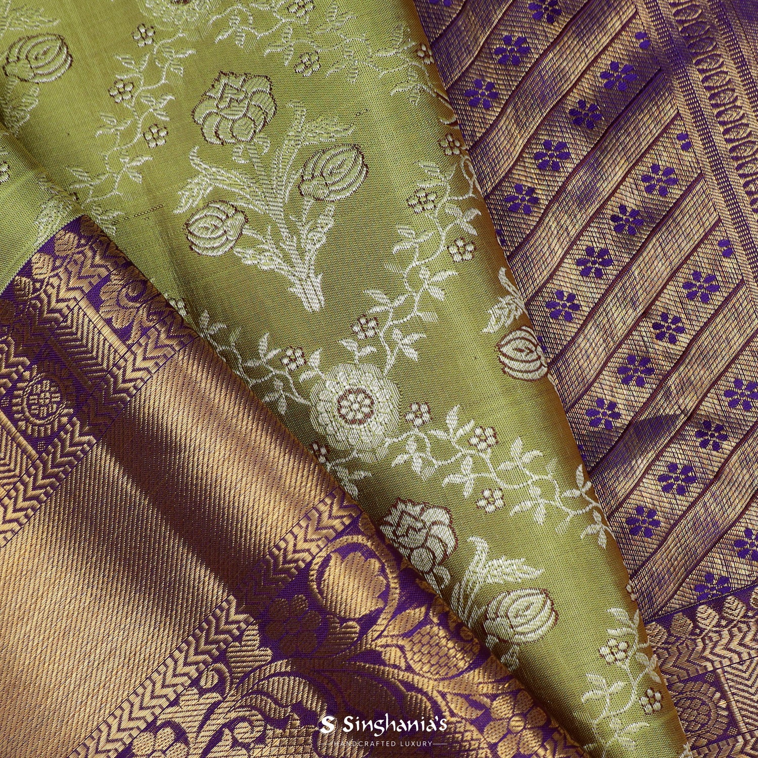 Yellow-Green Kanjivaram Silk Saree With Floral Jaal Pattern