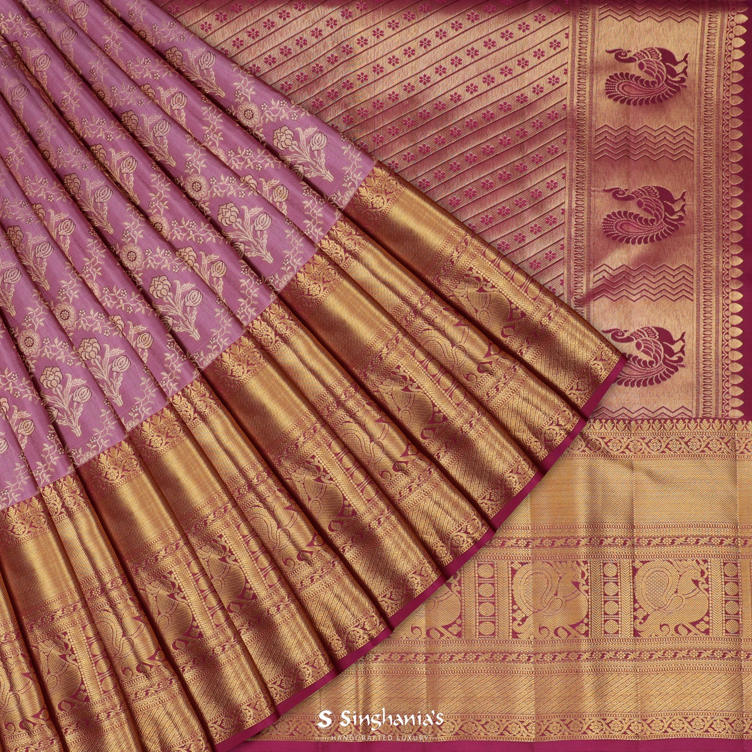 Strong Purple Kanjivaram Silk Saree With Floral Jaal Pattern